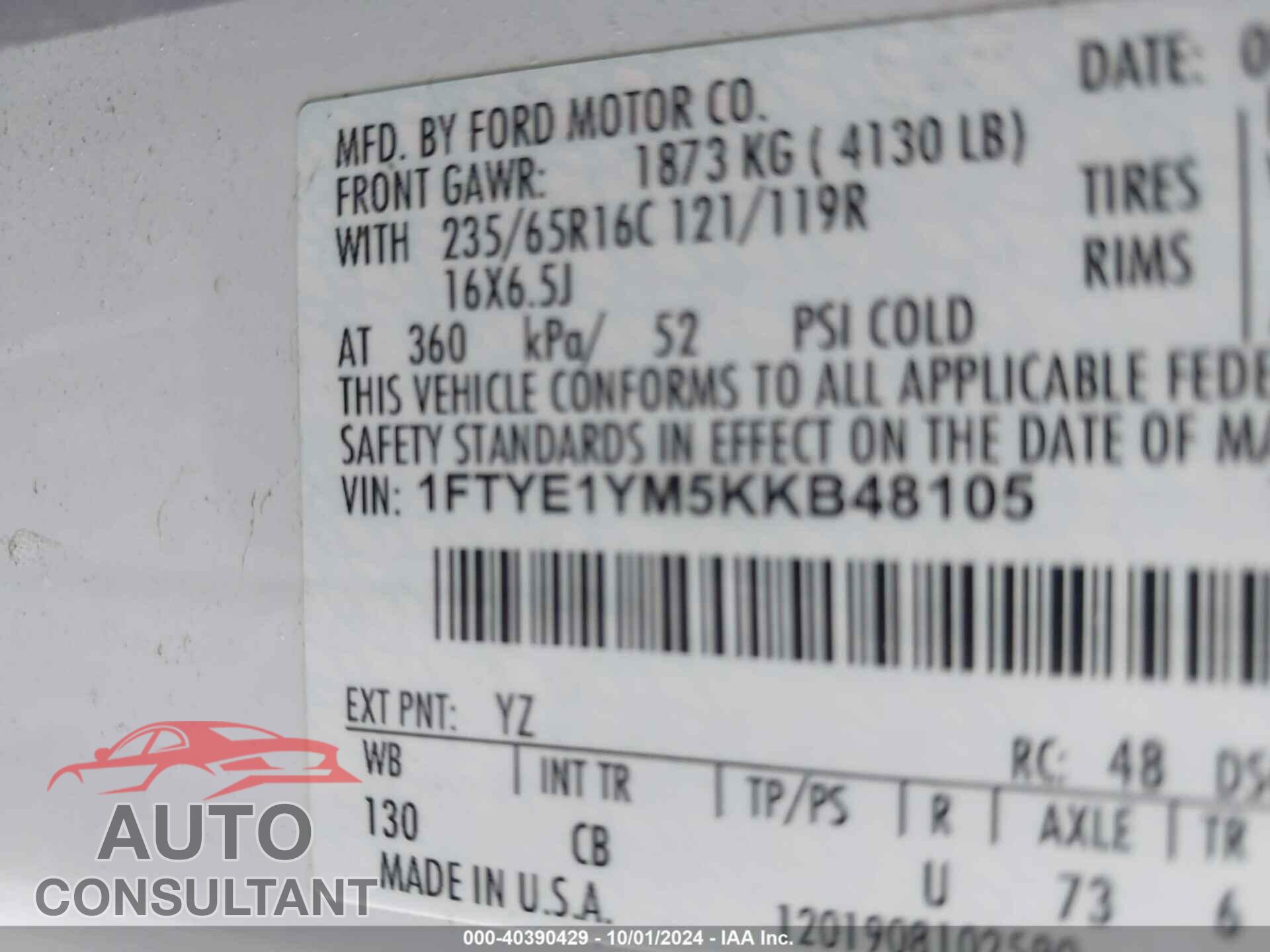 FORD TRANSIT-150 2019 - 1FTYE1YM5KKB48105