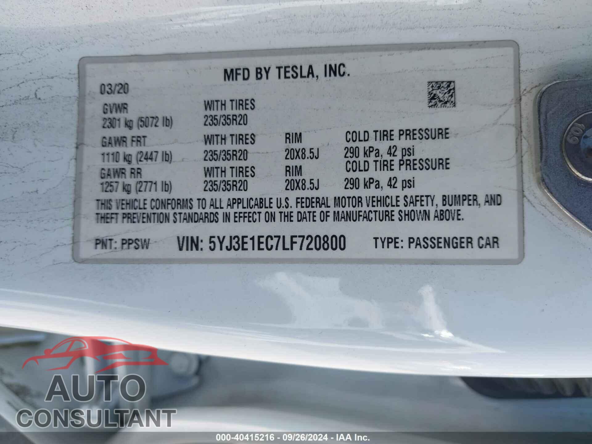 TESLA MODEL 3 2020 - 5YJ3E1EC7LF720800