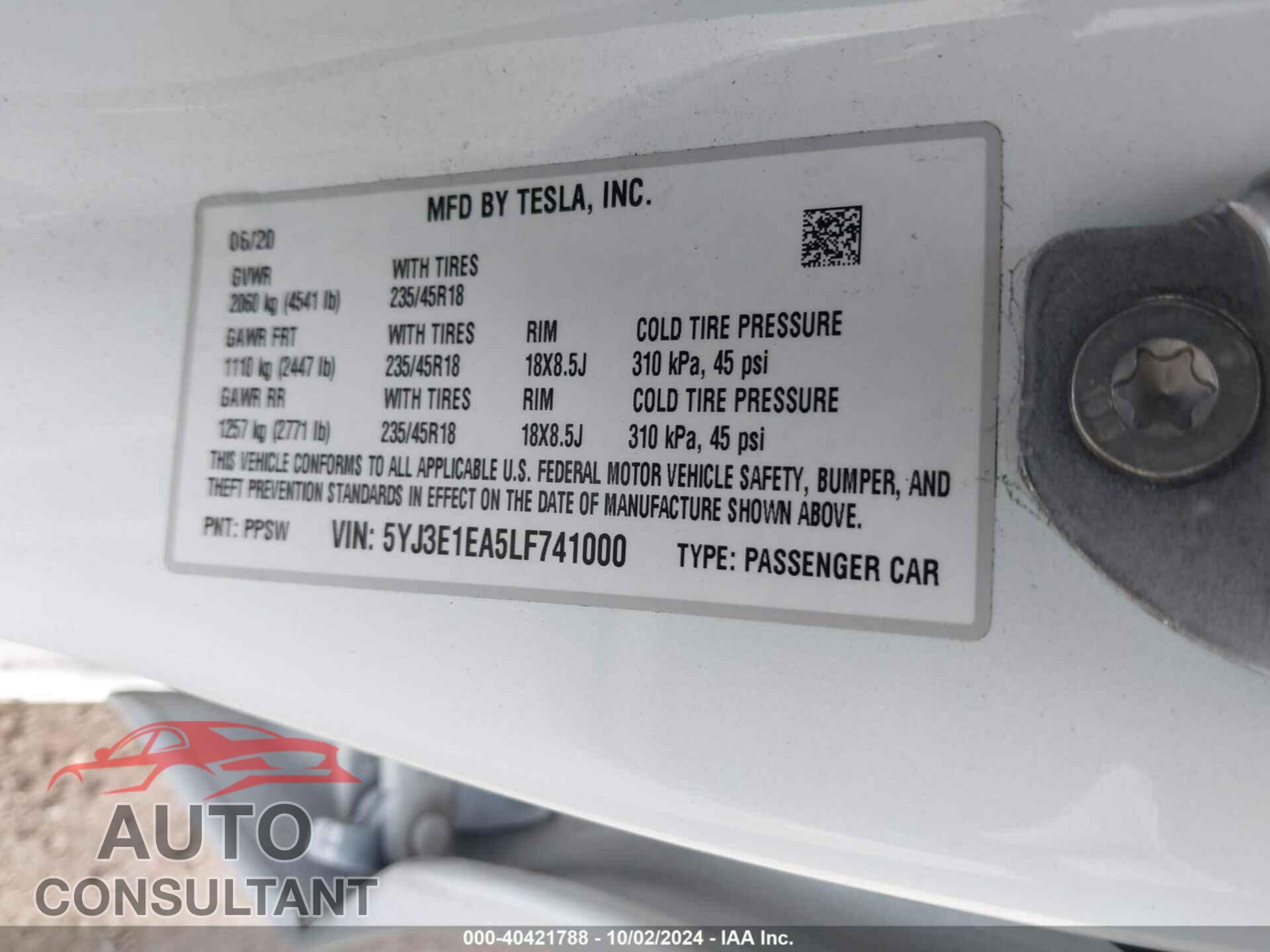 TESLA MODEL 3 2020 - 5YJ3E1EA5LF741000