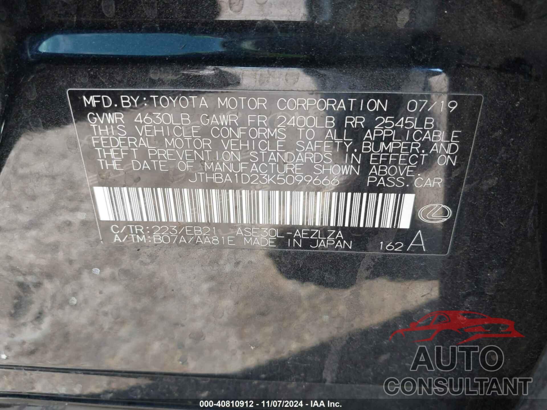 LEXUS IS 300 2019 - JTHBA1D23K5099666