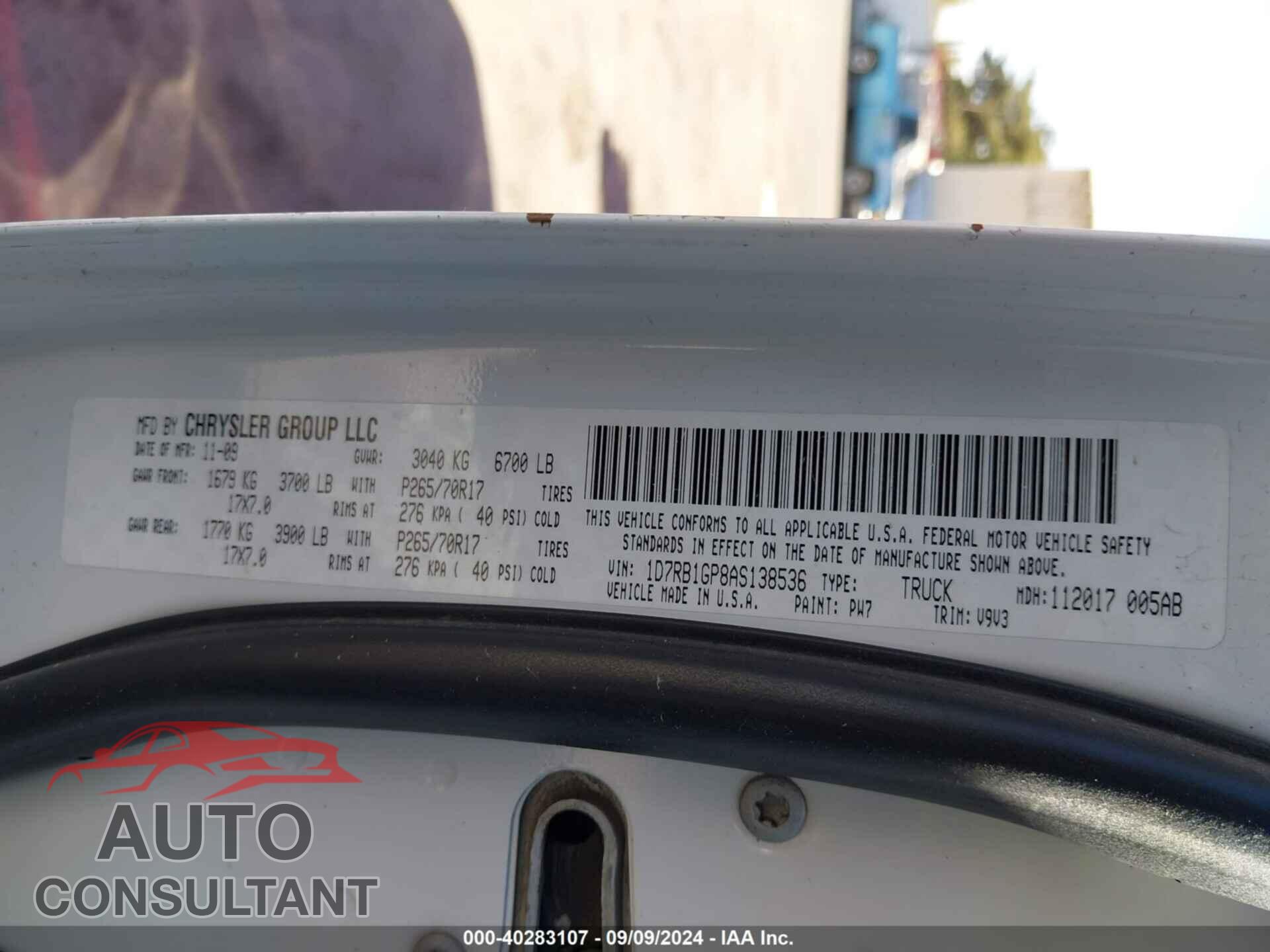 DODGE RAM 1500 2010 - 1D7RB1GP8AS138536