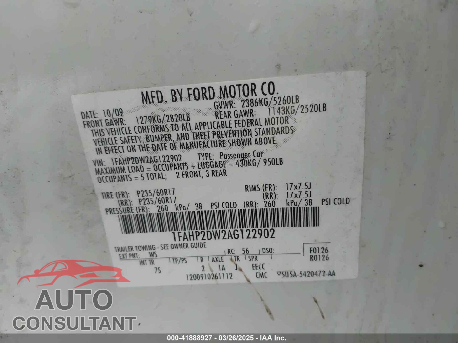 FORD TAURUS 2010 - 1FAHP2DW2AG122902