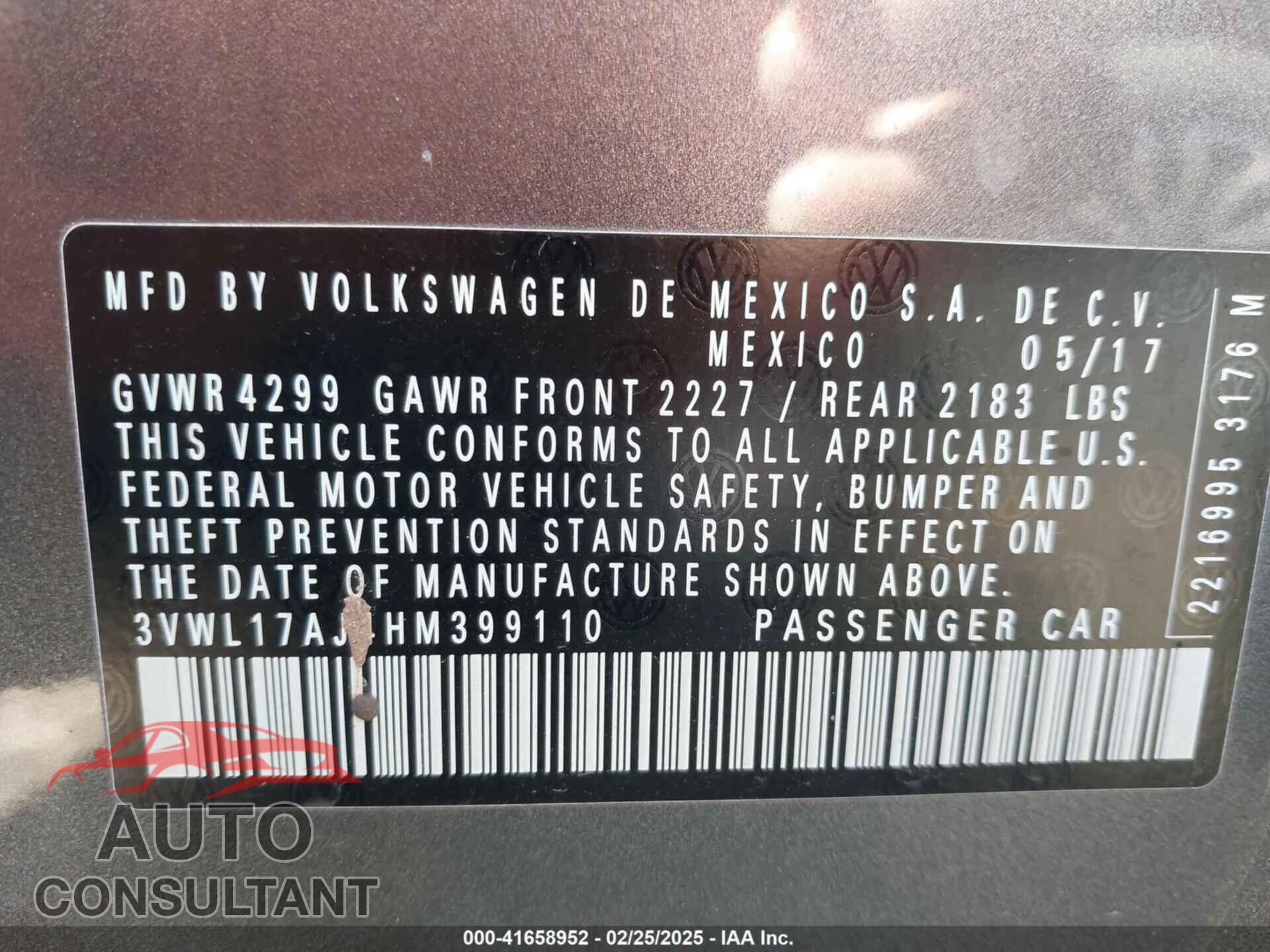 VOLKSWAGEN JETTA 2017 - 3VWL17AJ4HM399110