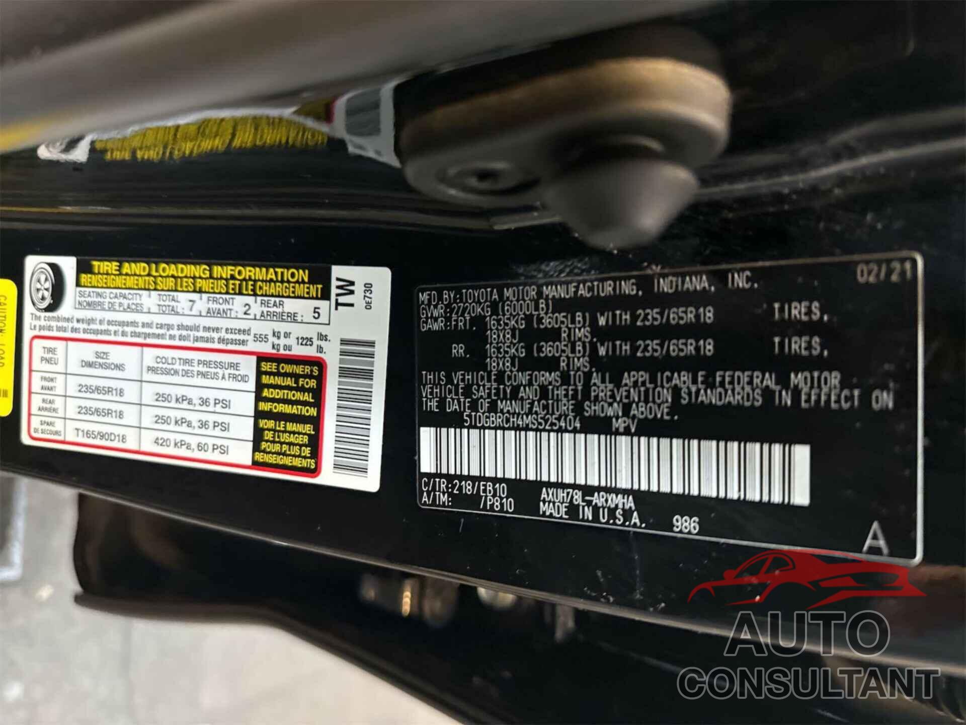 TOYOTA HIGHLANDER 2021 - 5TDGBRCH4MS525404