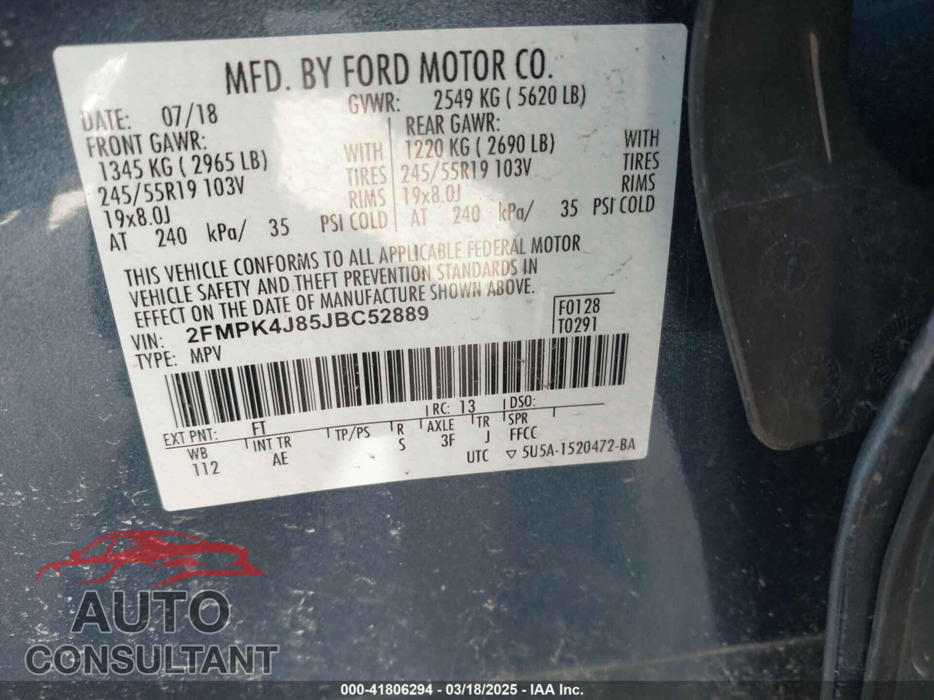 FORD EDGE 2018 - 2FMPK4J85JBC52889