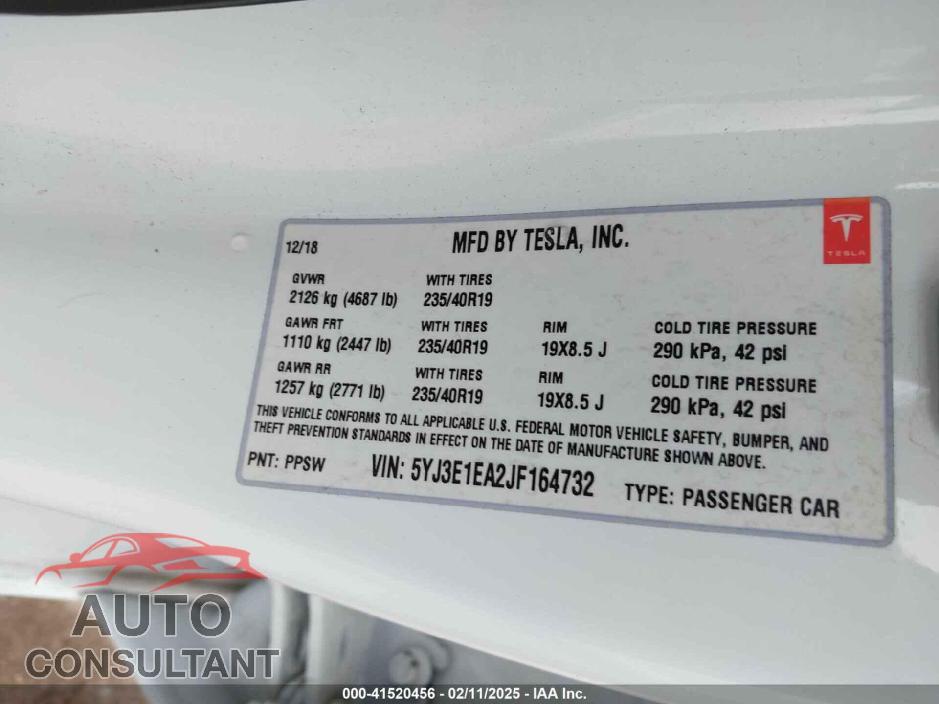 TESLA MODEL 3 2018 - 5YJ3E1EA2JF164732