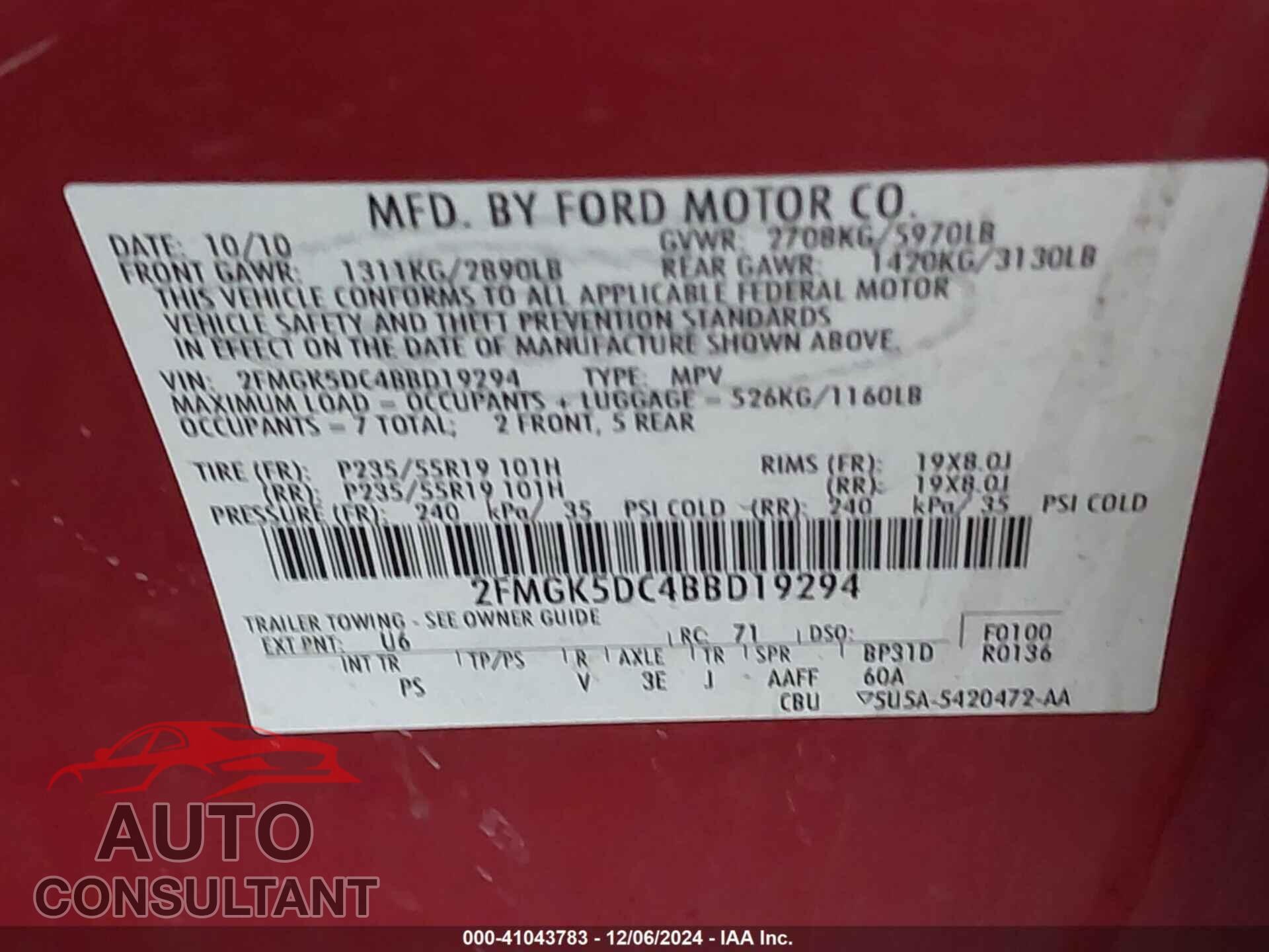 FORD FLEX 2011 - 2FMGK5DC4BBD19294