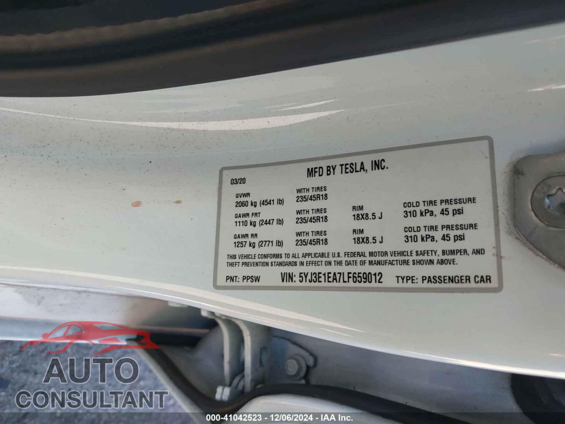 TESLA MODEL 3 2020 - 5YJ3E1EA7LF659012
