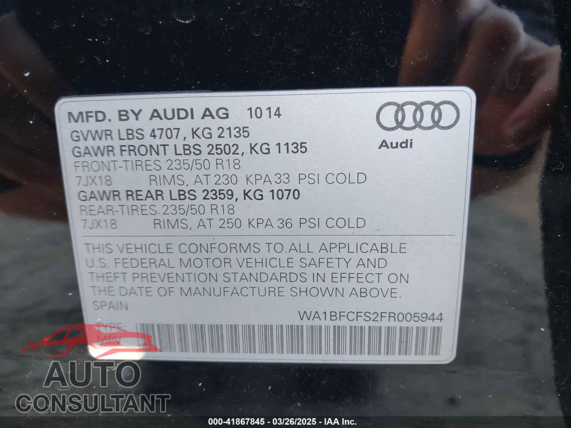 AUDI Q3 2015 - WA1BFCFS2FR005944