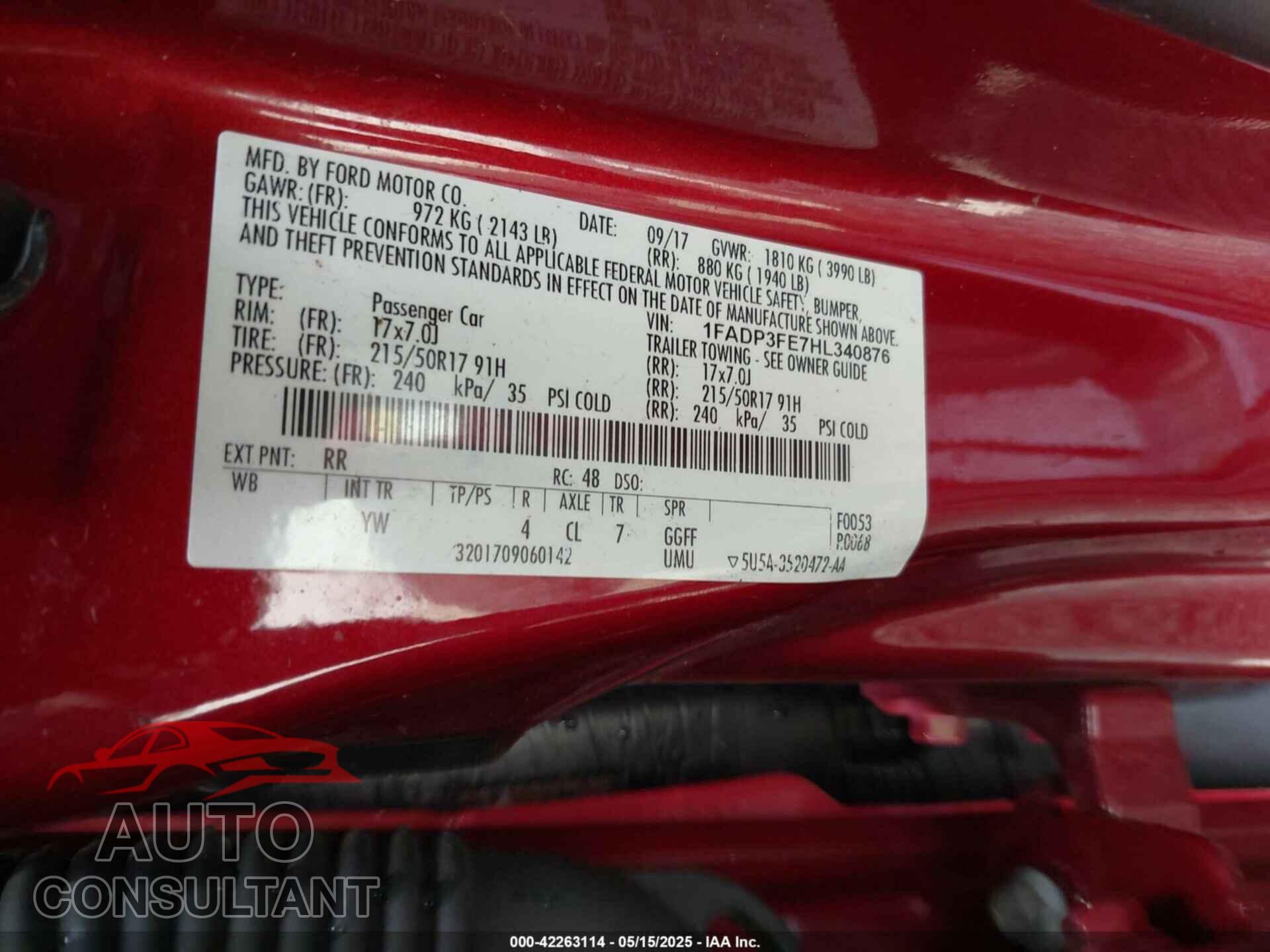 FORD FOCUS 2017 - 1FADP3FE7HL340876