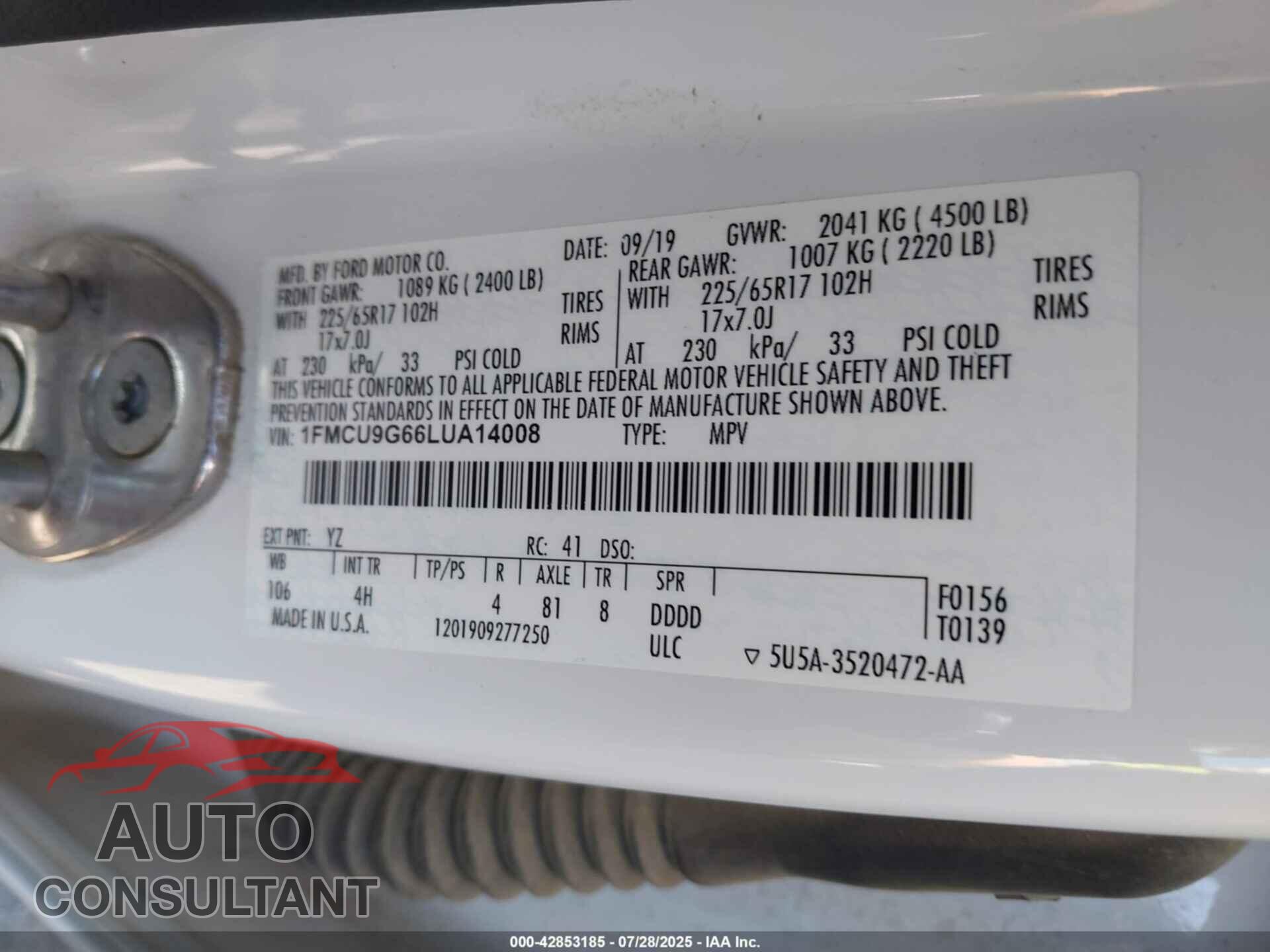 FORD ESCAPE 2020 - 1FMCU9G66LUA14008