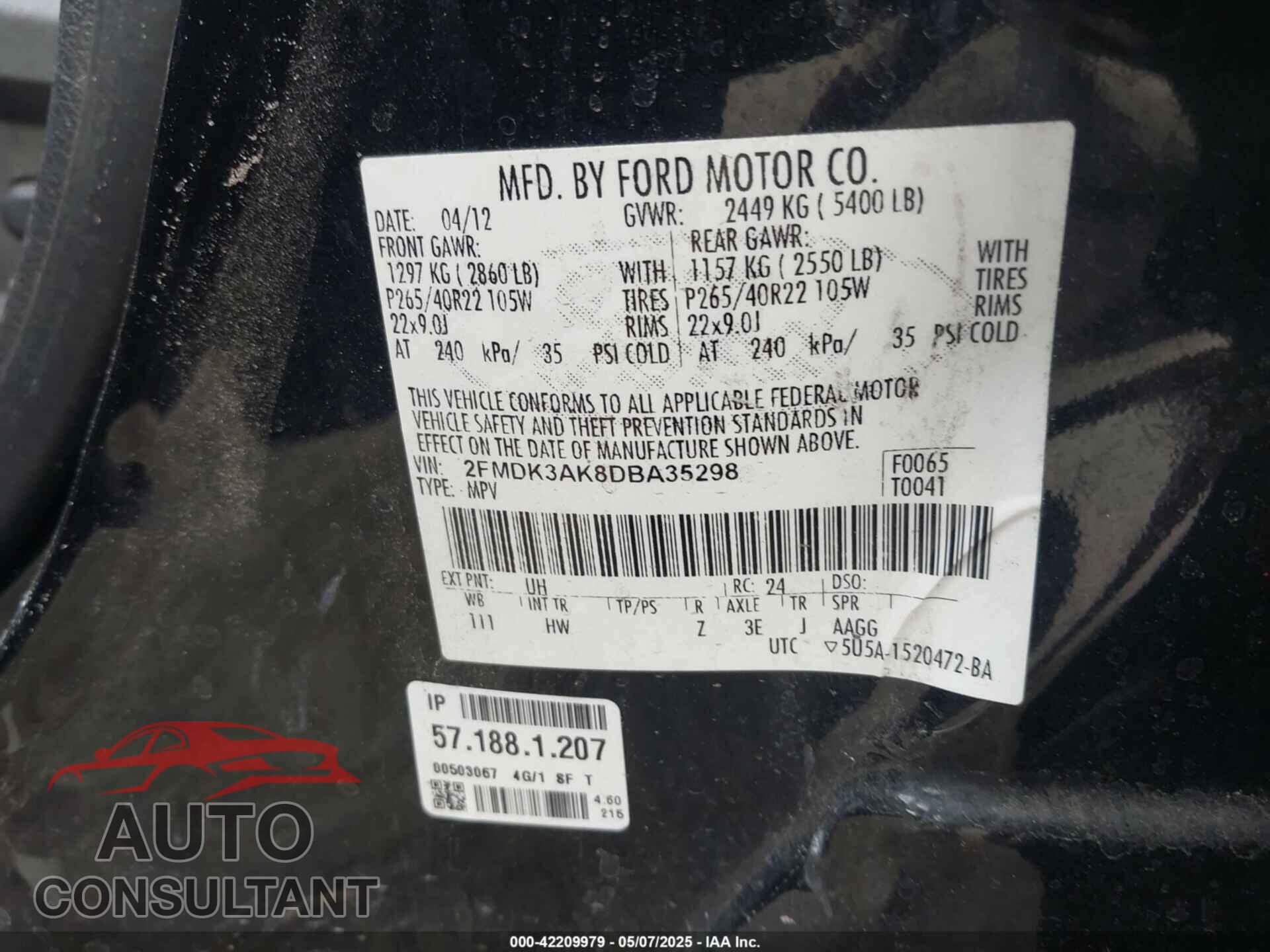 FORD EDGE 2013 - 2FMDK3AK8DBA35298