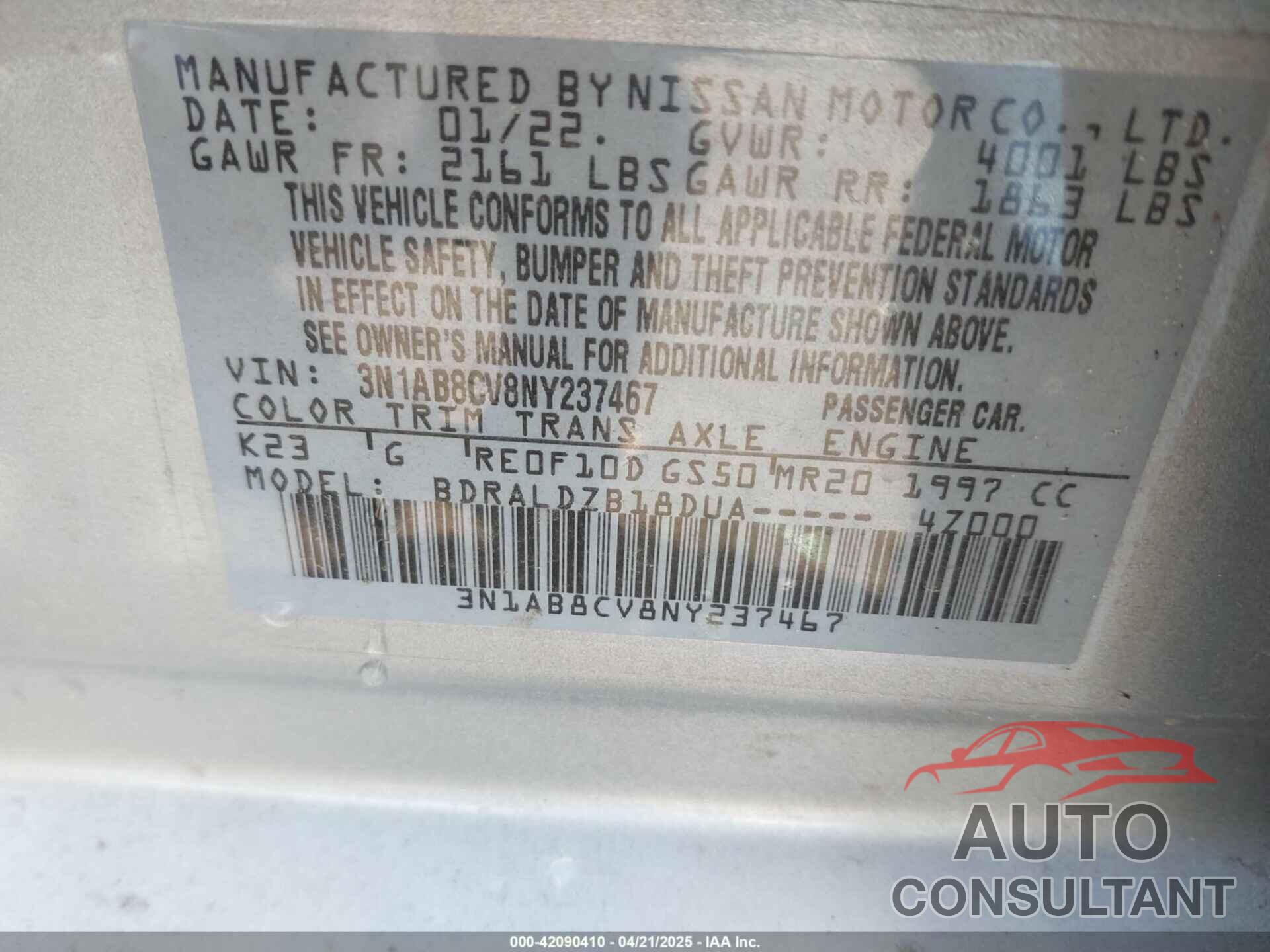 NISSAN SENTRA 2022 - 3N1AB8CV8NY237467