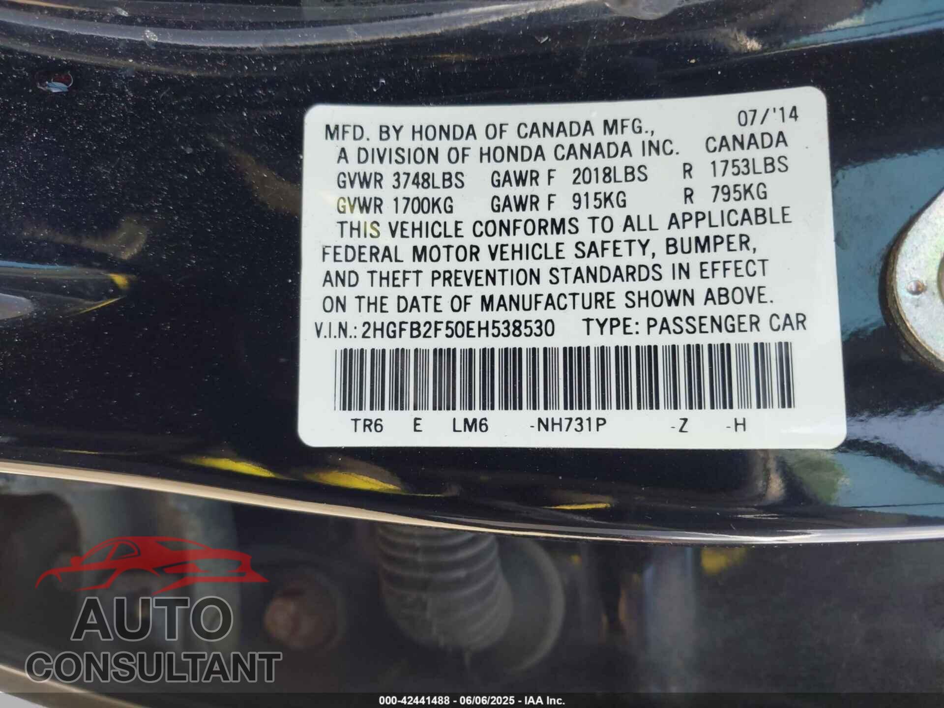 HONDA CIVIC 2014 - 2HGFB2F50EH538530