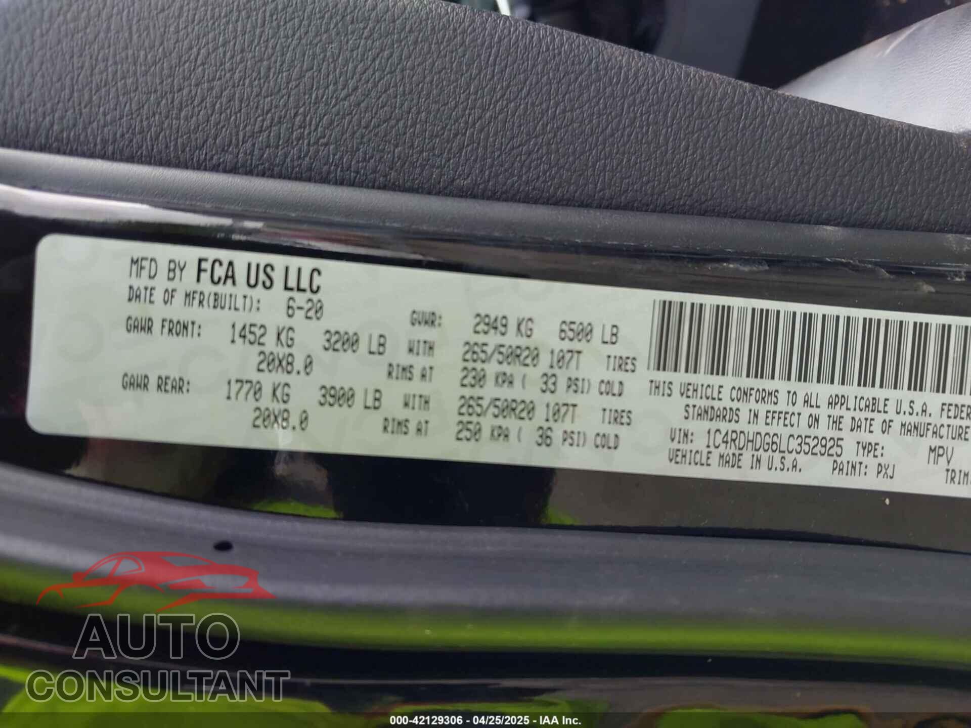 DODGE DURANGO 2020 - 1C4RDHDG6LC352925