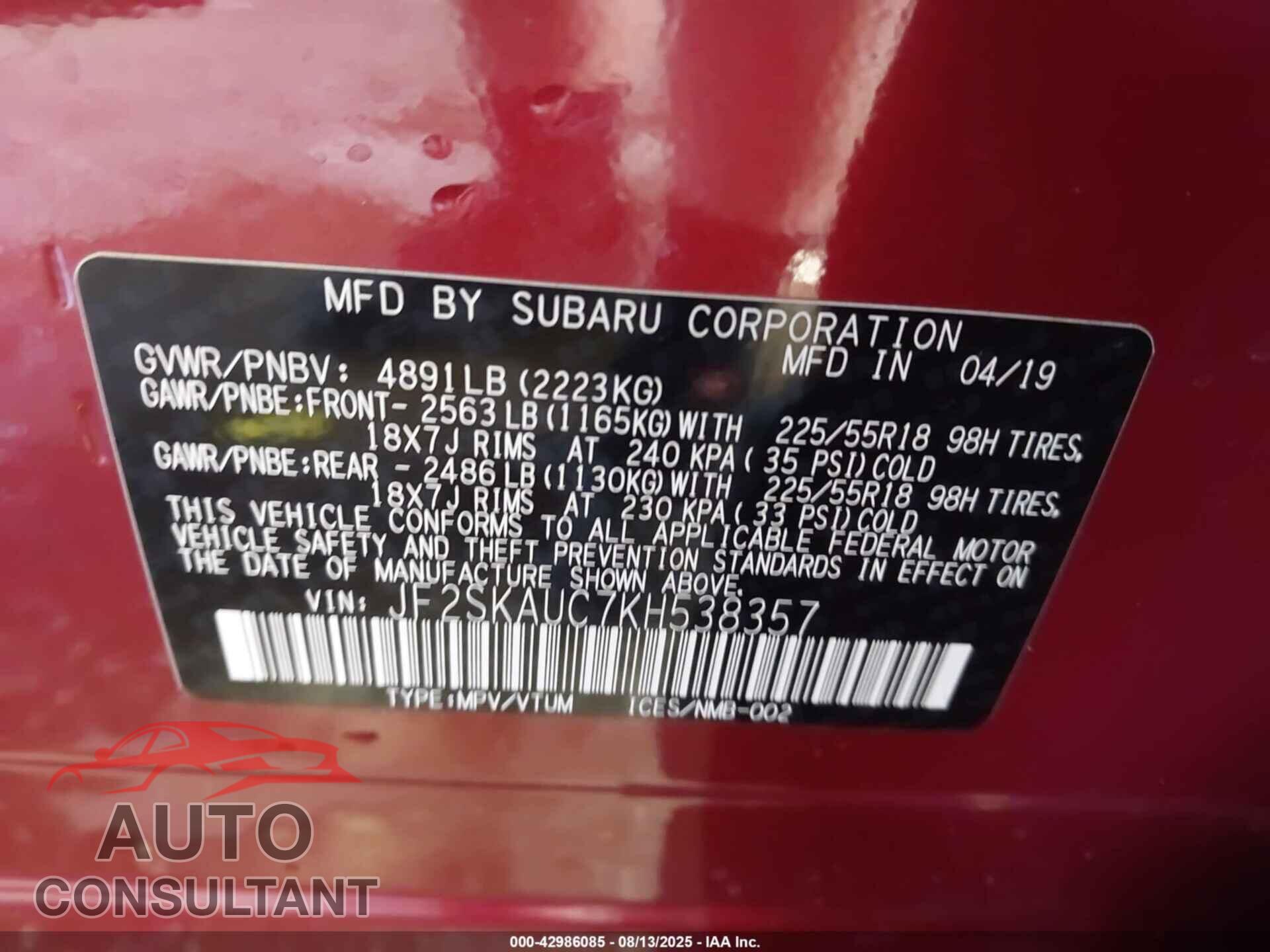 SUBARU FORESTER 2019 - JF2SKAUC7KH538357