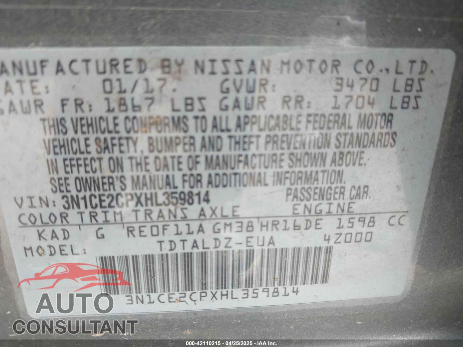 NISSAN VERSA NOTE 2017 - 3N1CE2CPXHL359814