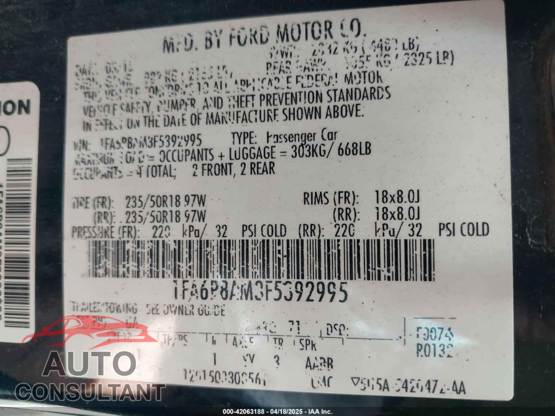 FORD MUSTANG 2015 - 1FA6P8AM3F5392995