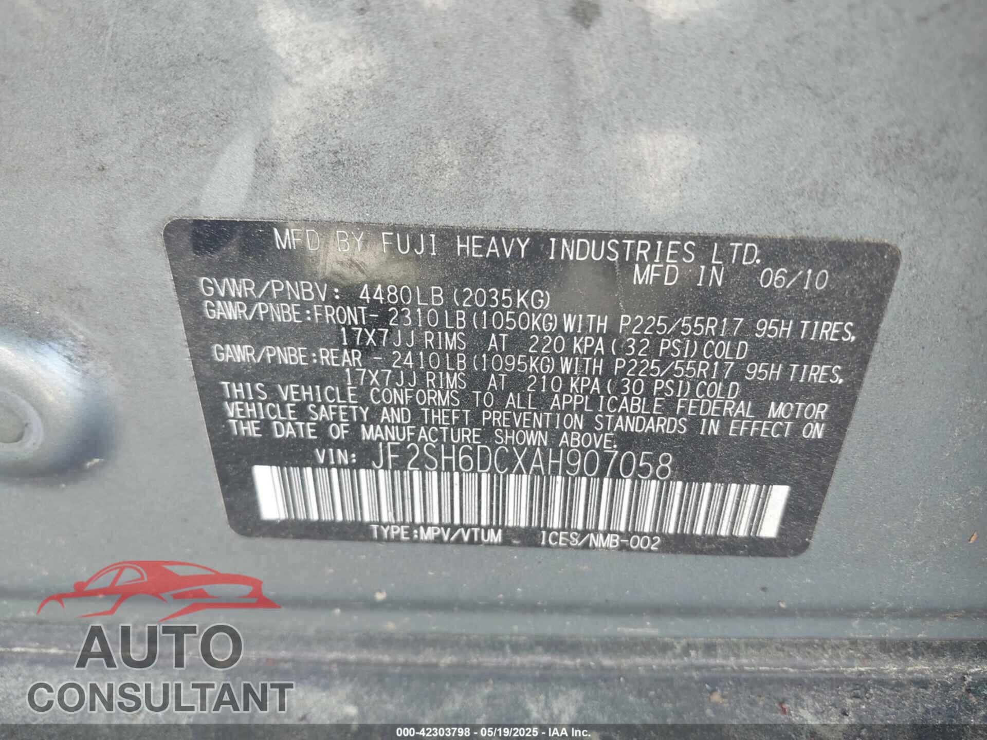 SUBARU FORESTER 2010 - JF2SH6DCXAH907058