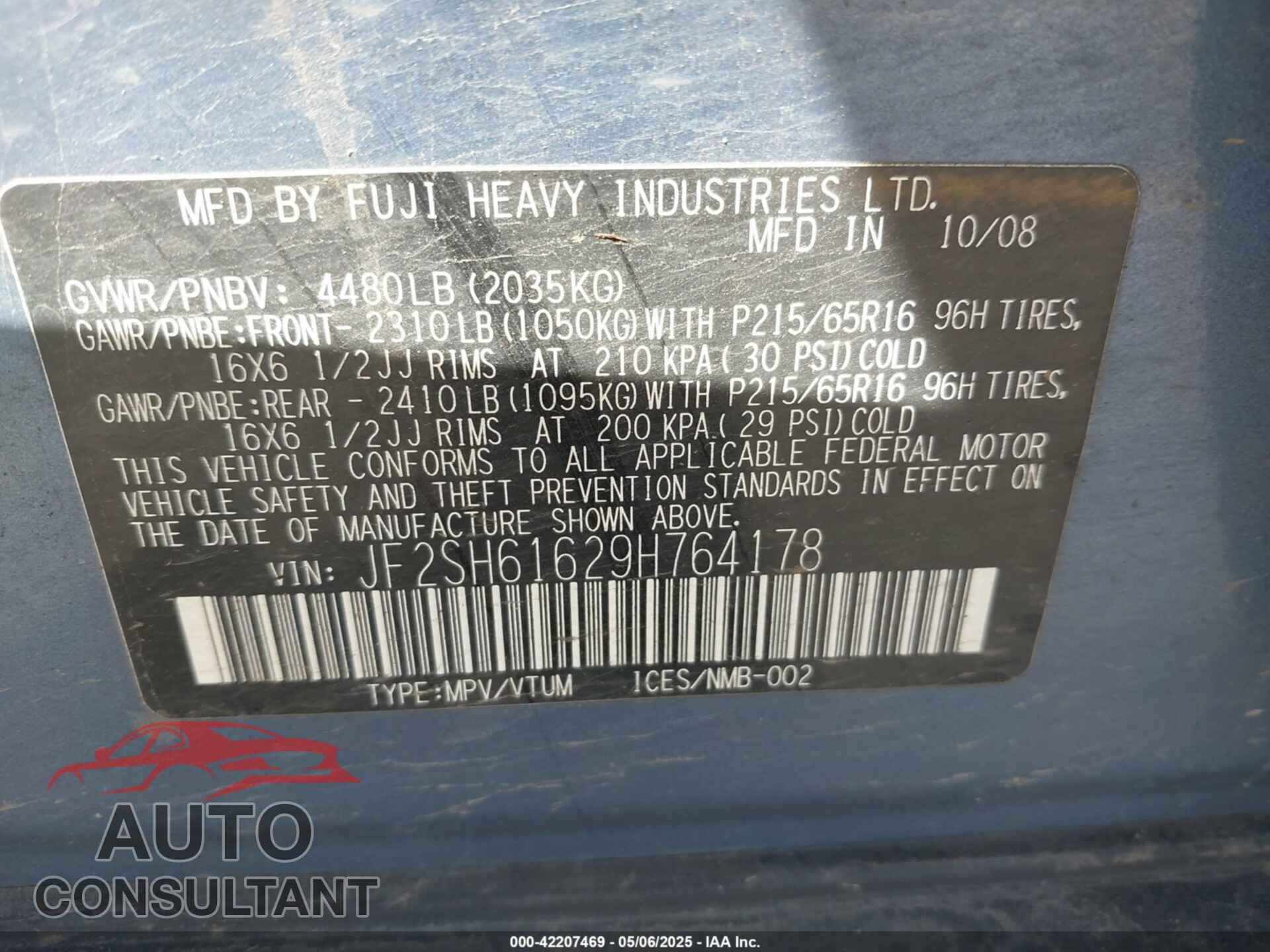 SUBARU FORESTER 2009 - JF2SH61629H764178