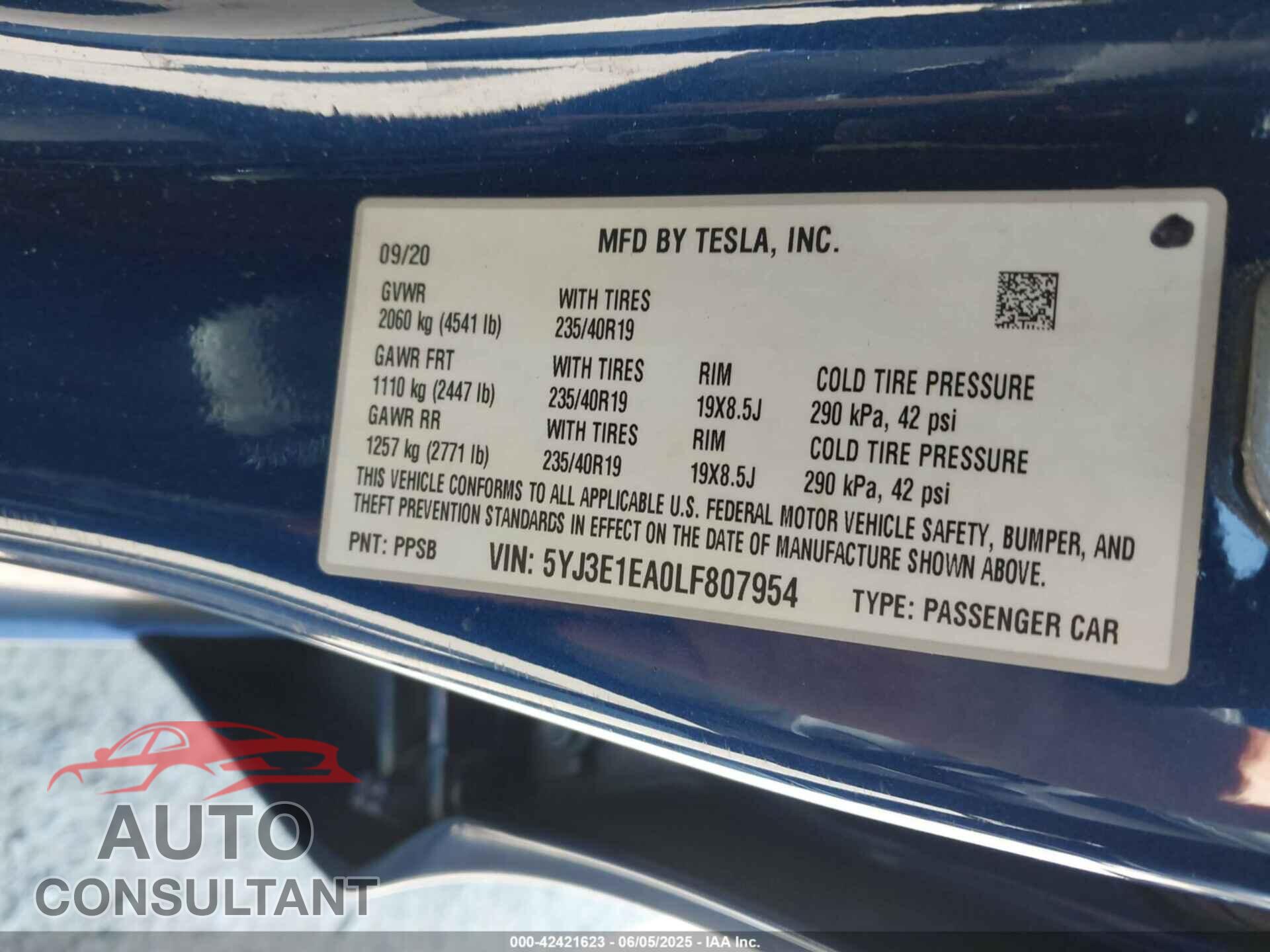 TESLA MODEL 3 2020 - 5YJ3E1EA0LF807954