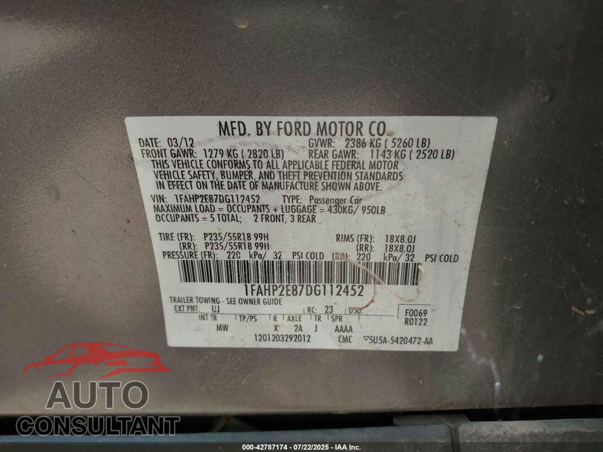 FORD TAURUS 2013 - 1FAHP2E87DG112452