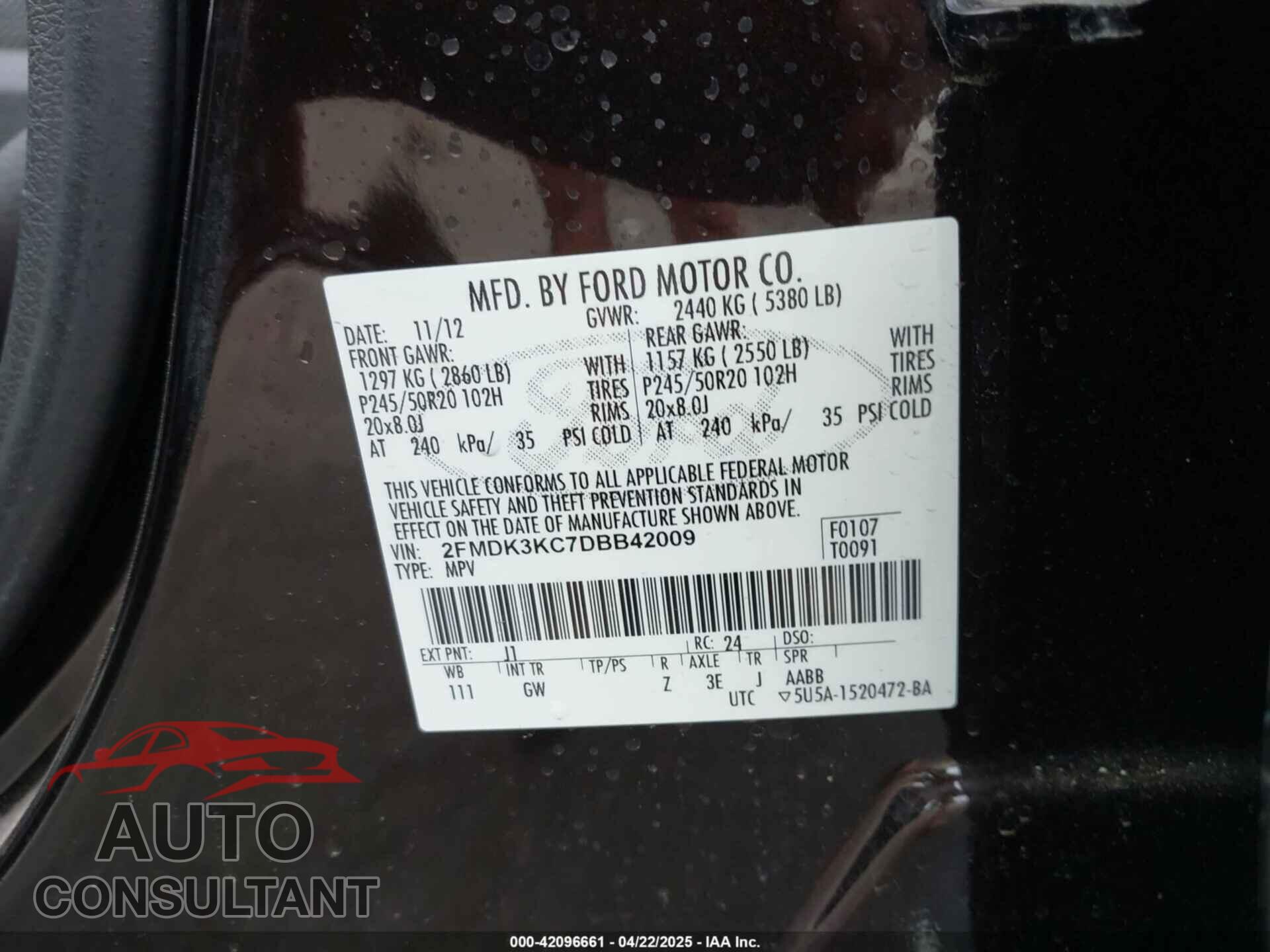 FORD EDGE 2013 - 2FMDK3KC7DBB42009