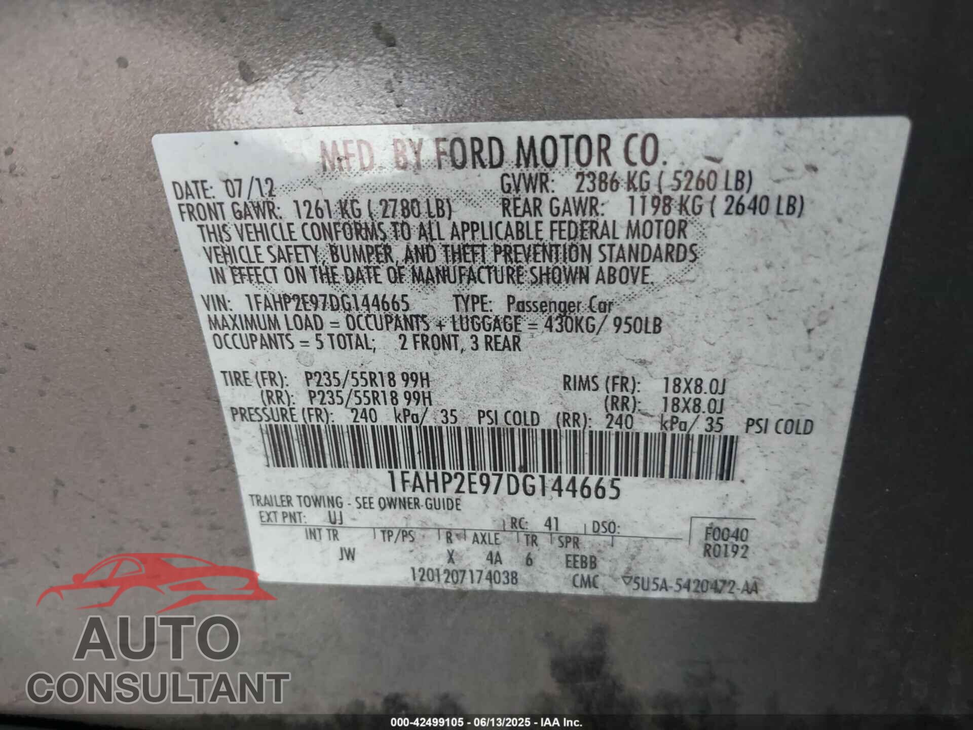 FORD TAURUS 2013 - 1FAHP2E97DG144665
