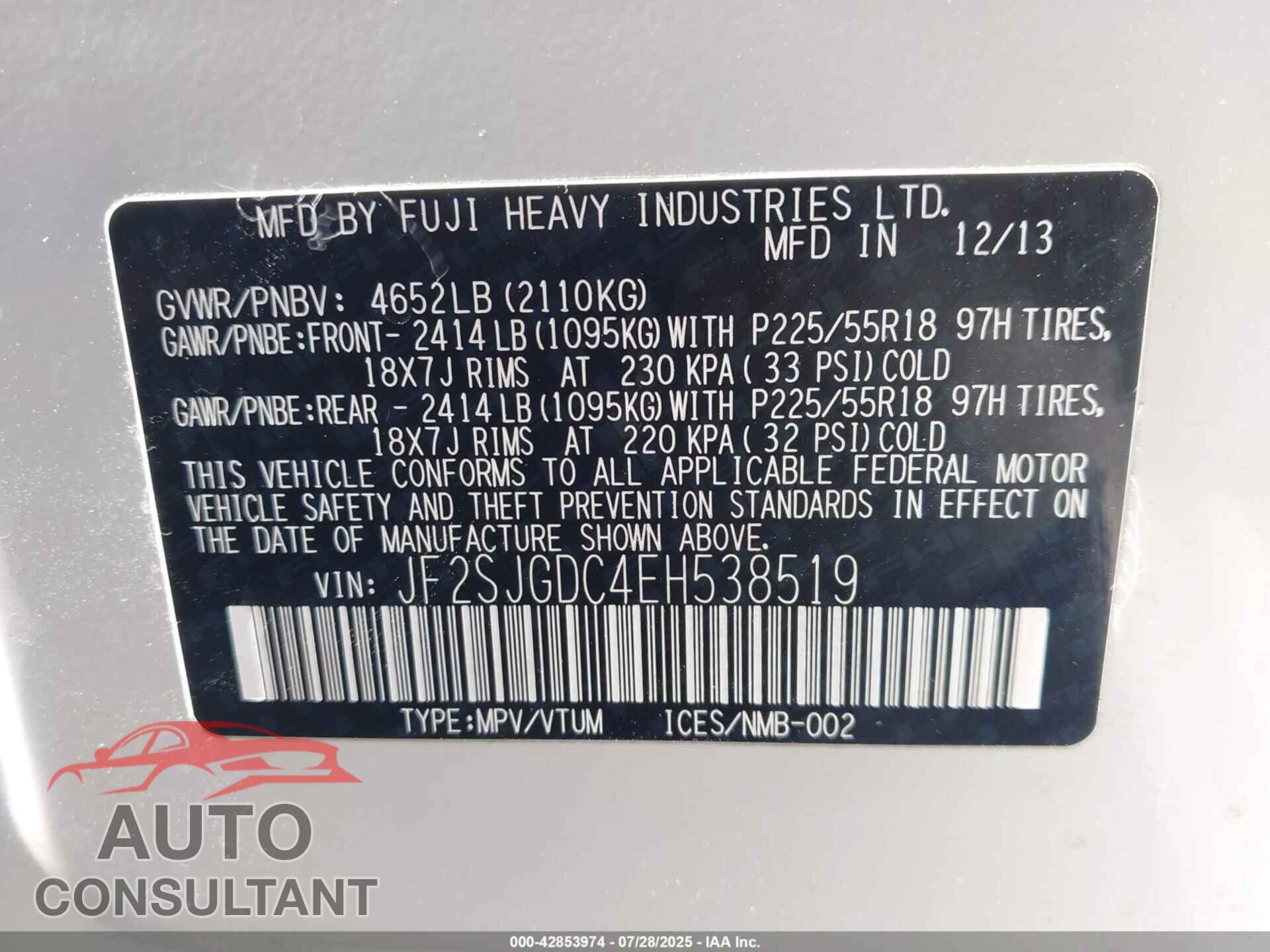 SUBARU FORESTER 2014 - JF2SJGDC4EH538519