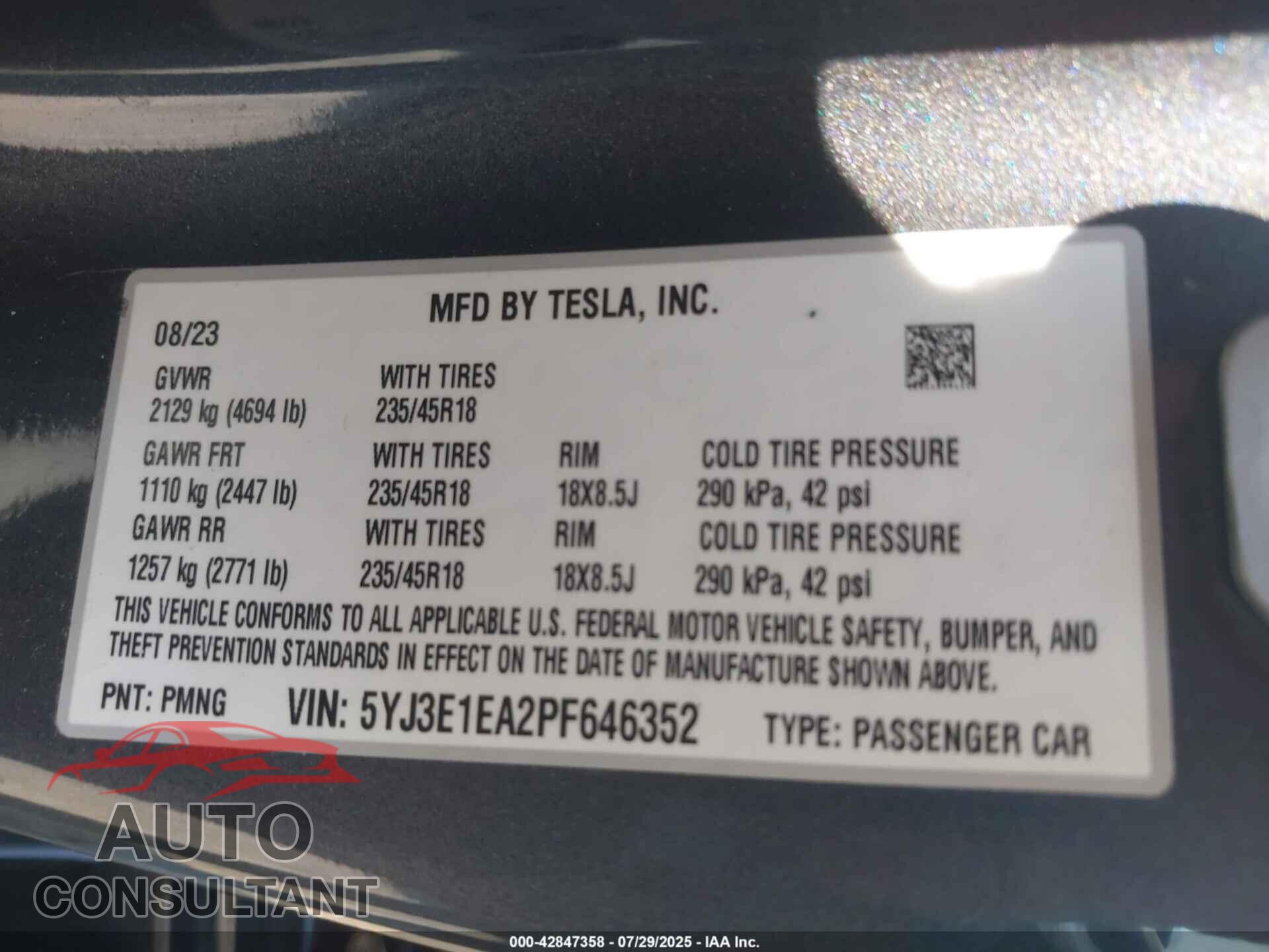TESLA MODEL 3 2023 - 5YJ3E1EA2PF646352