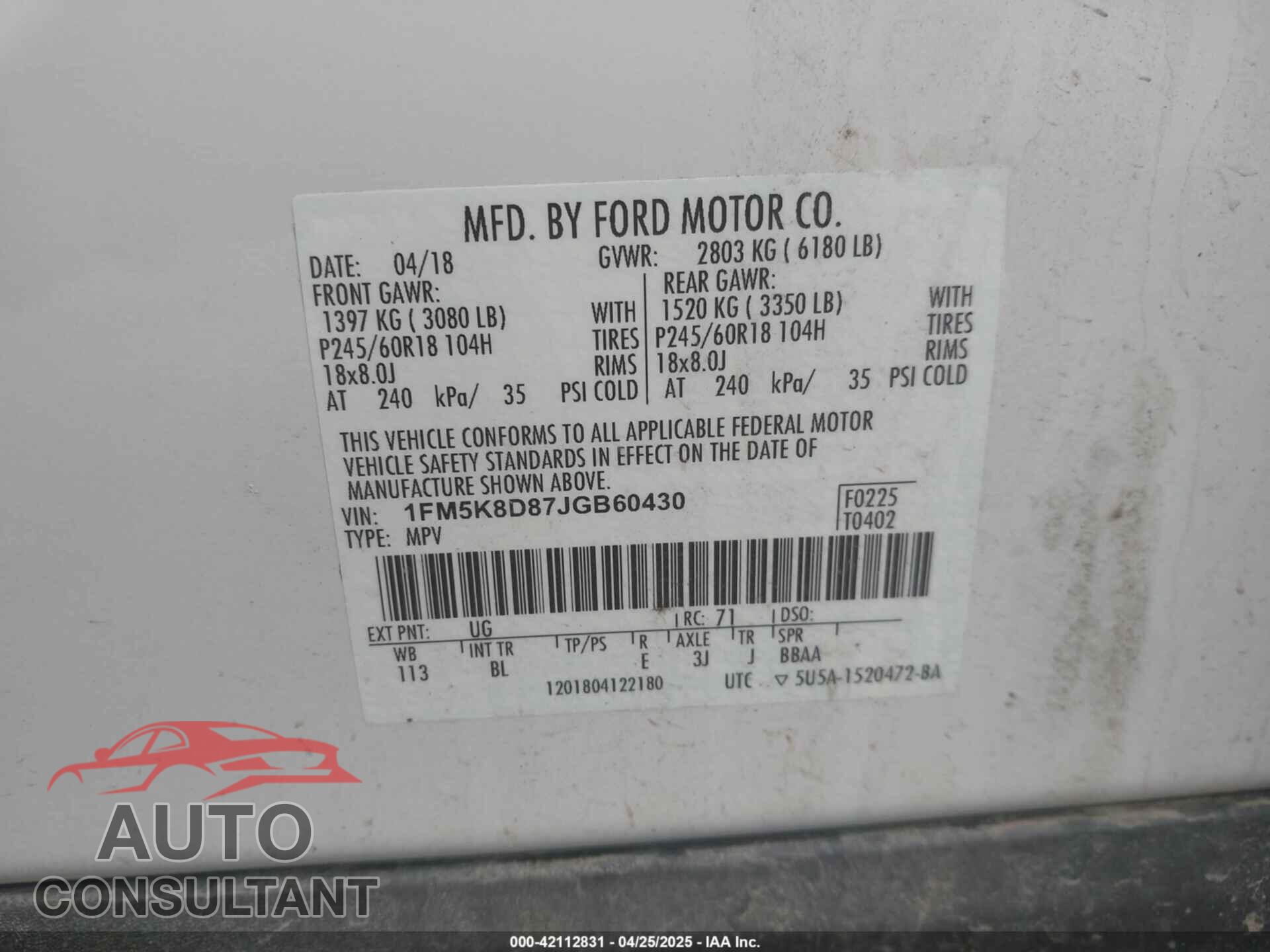 FORD EXPLORER 2018 - 1FM5K8D87JGB60430