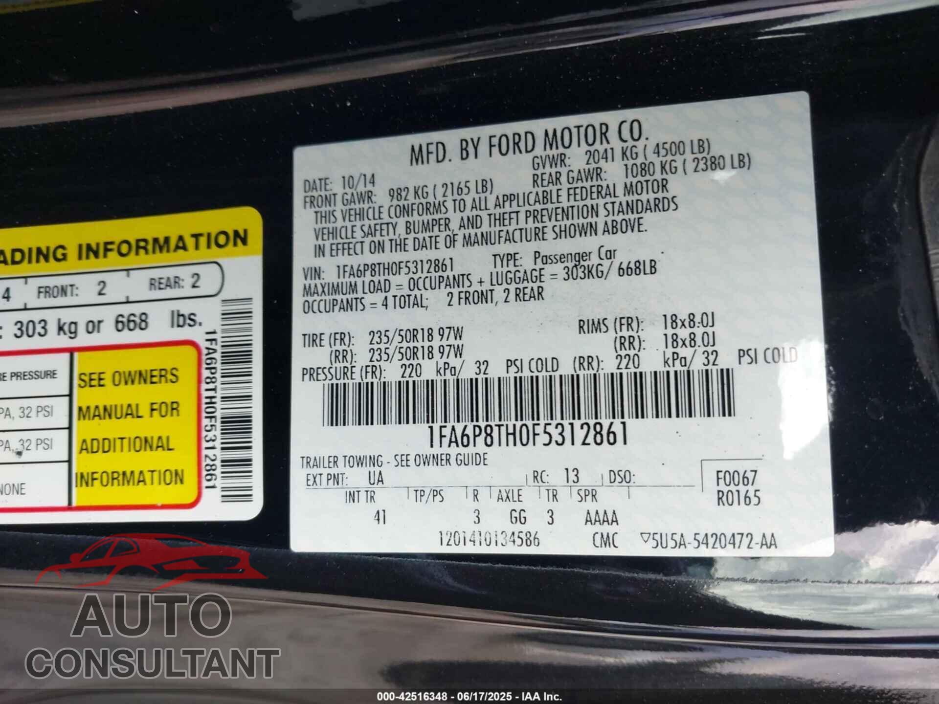 FORD MUSTANG 2015 - 1FATP8UH5F5390196