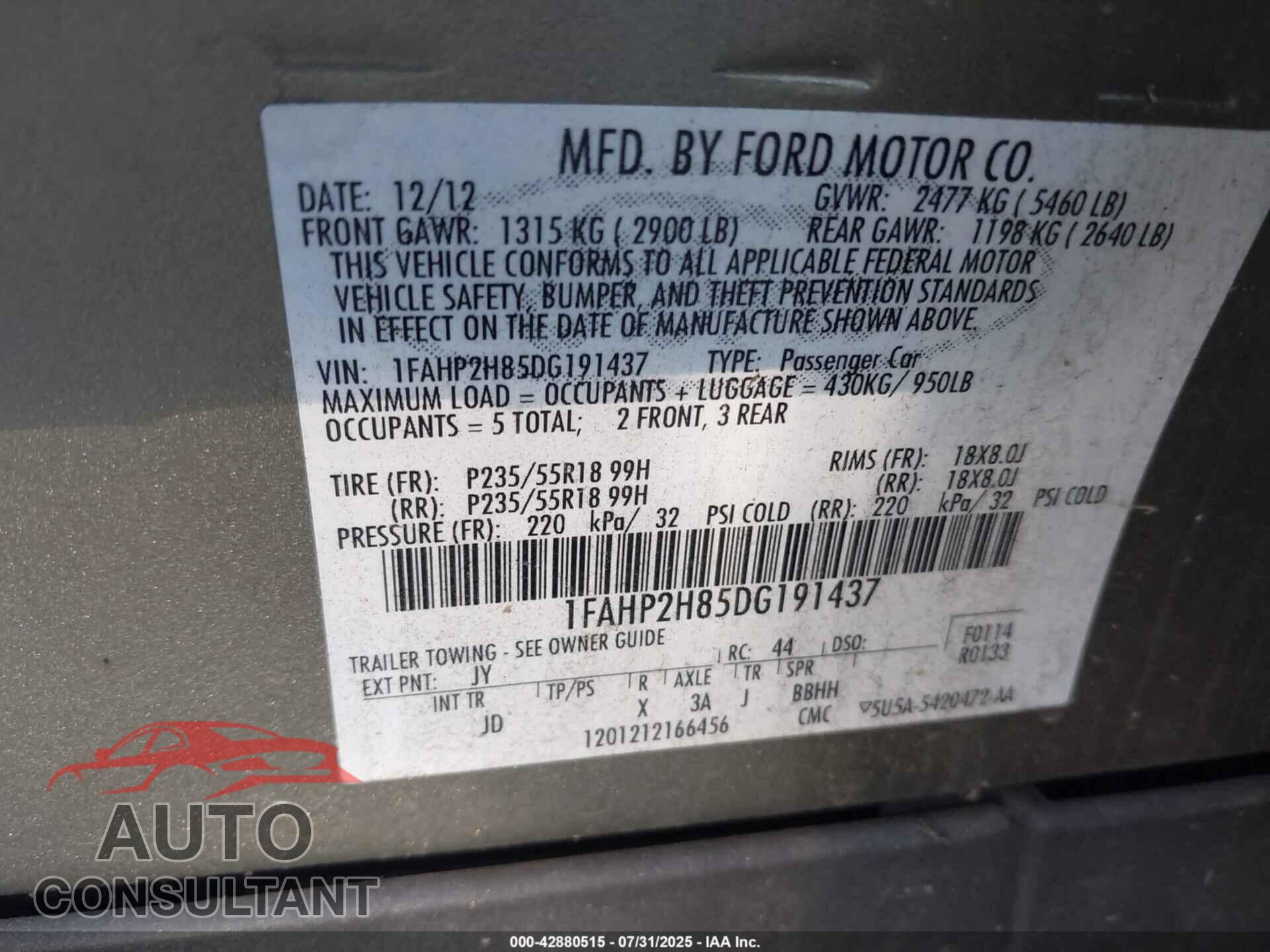 FORD TAURUS 2013 - 1FAHP2H85DG191437