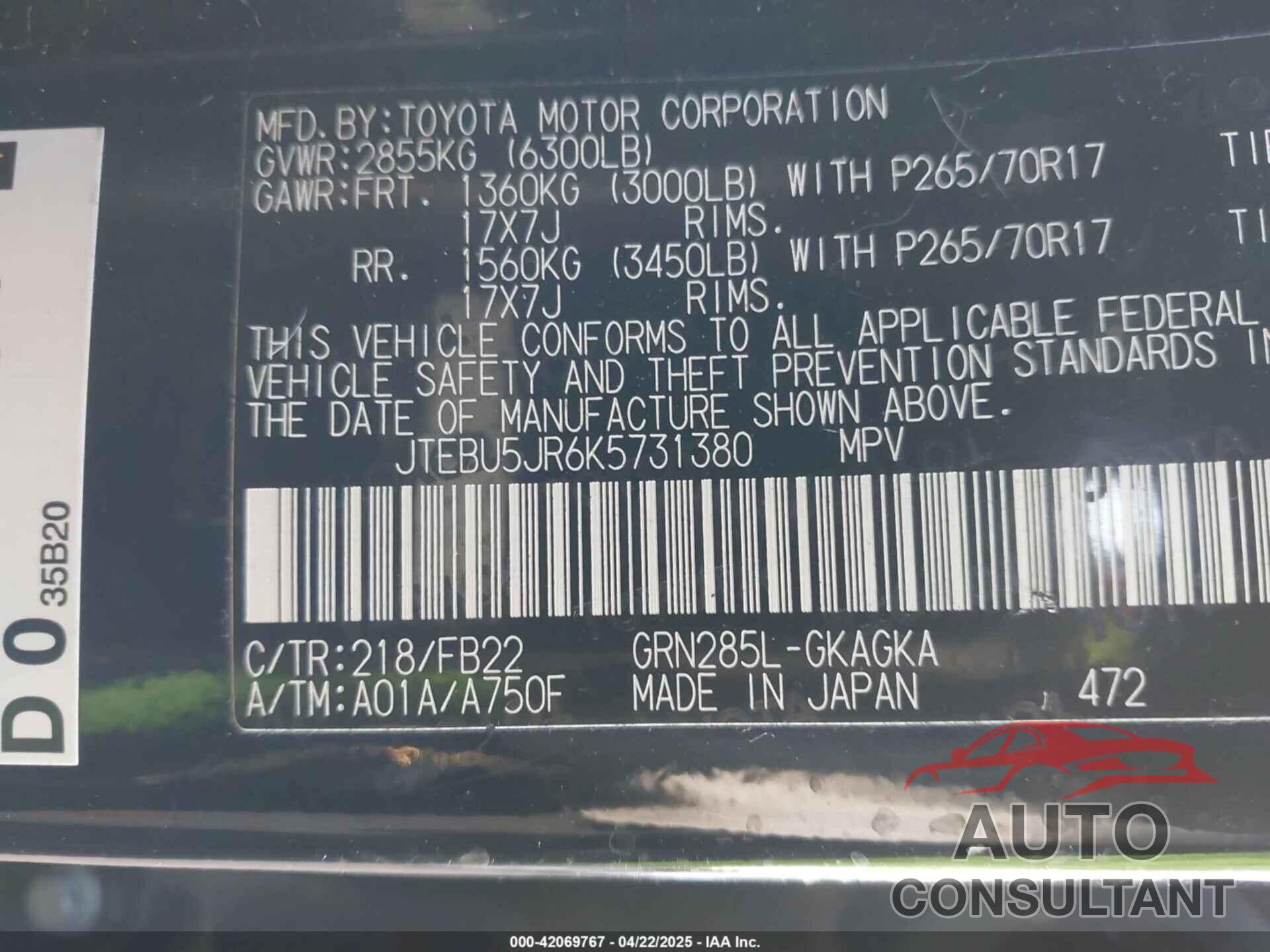 TOYOTA 4RUNNER 2019 - JTEBU5JR6K5731380