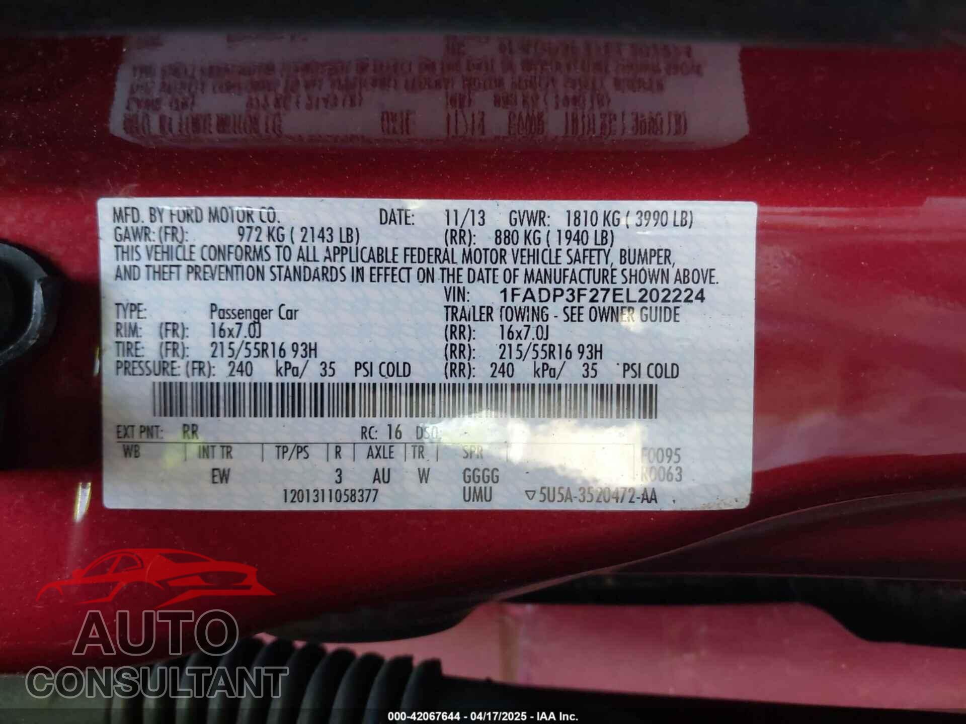 FORD FOCUS 2014 - 1FADP3F27EL202224