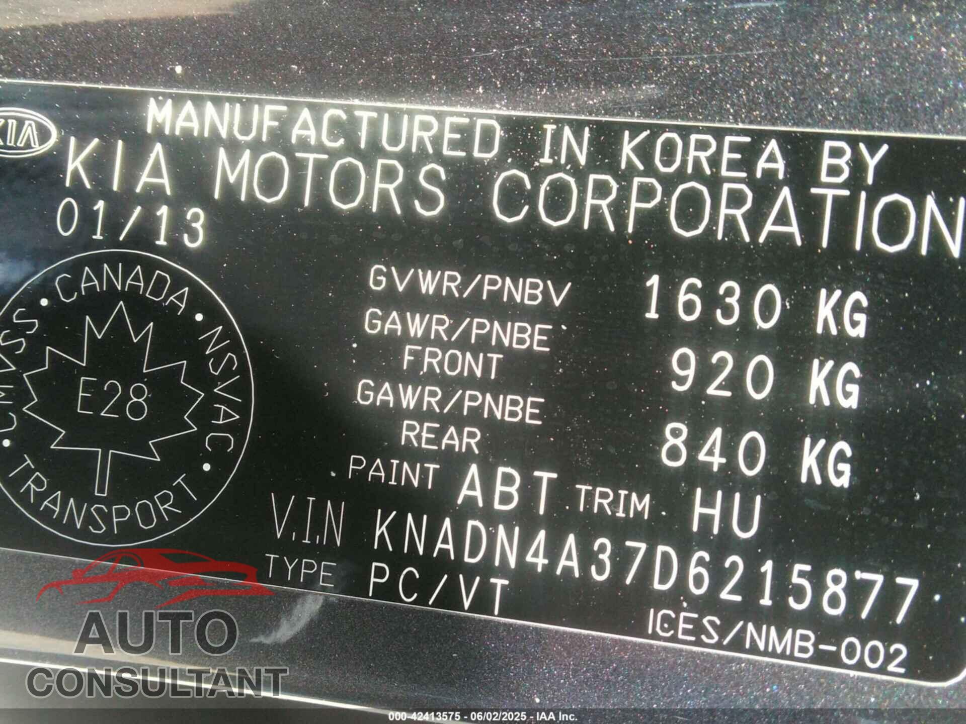 KIA RIO 2013 - KNADN4A37D6215877
