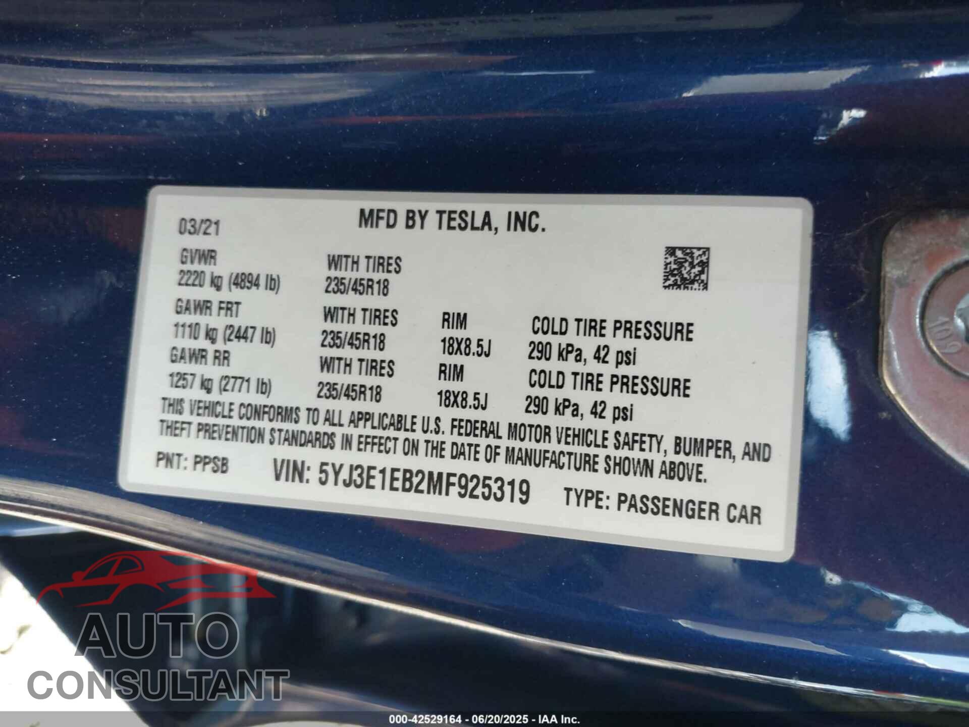 TESLA MODEL 3 2021 - 5YJ3E1EB2MF925319