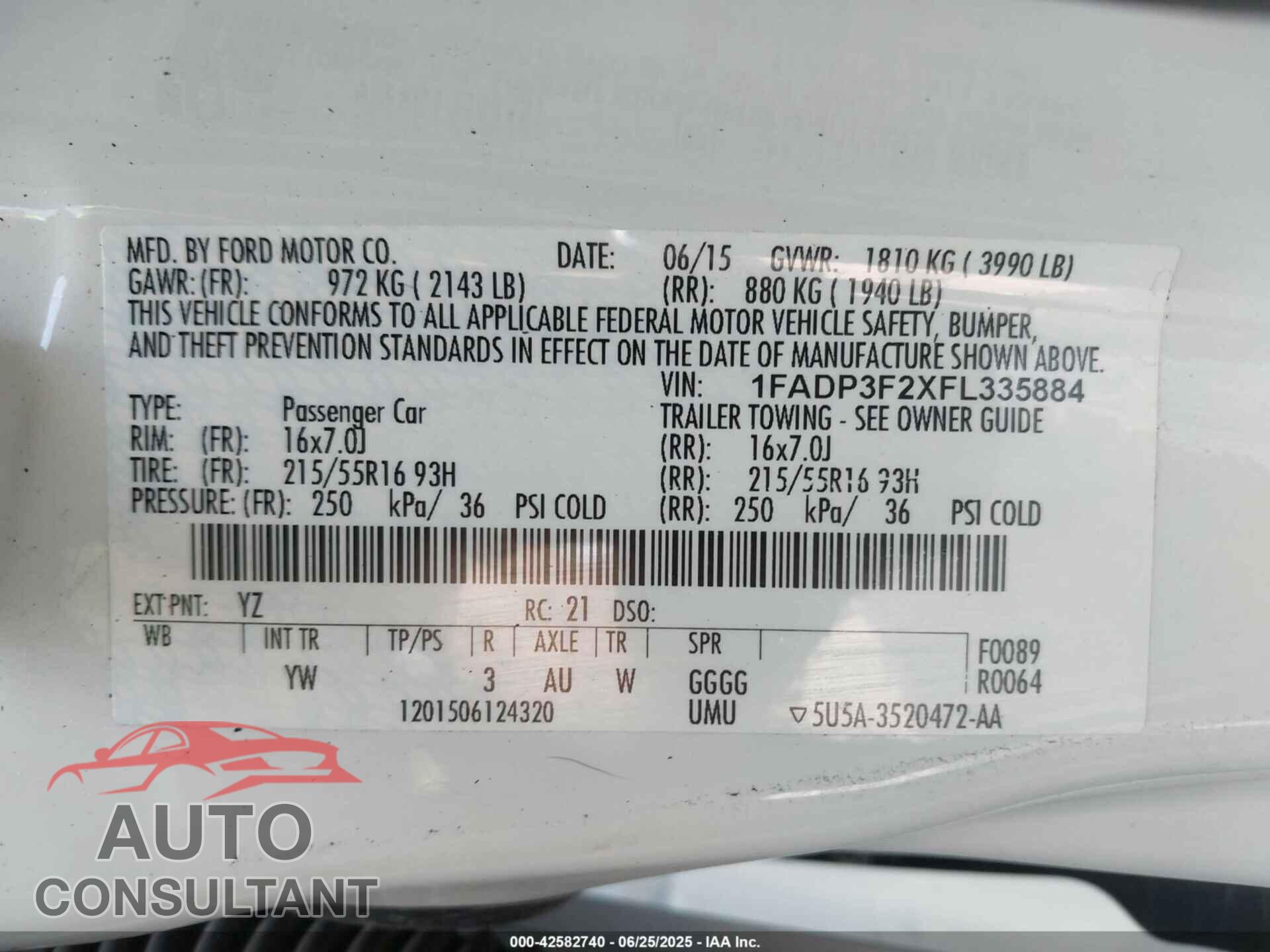 FORD FOCUS 2015 - 1FADP3F2XFL335884