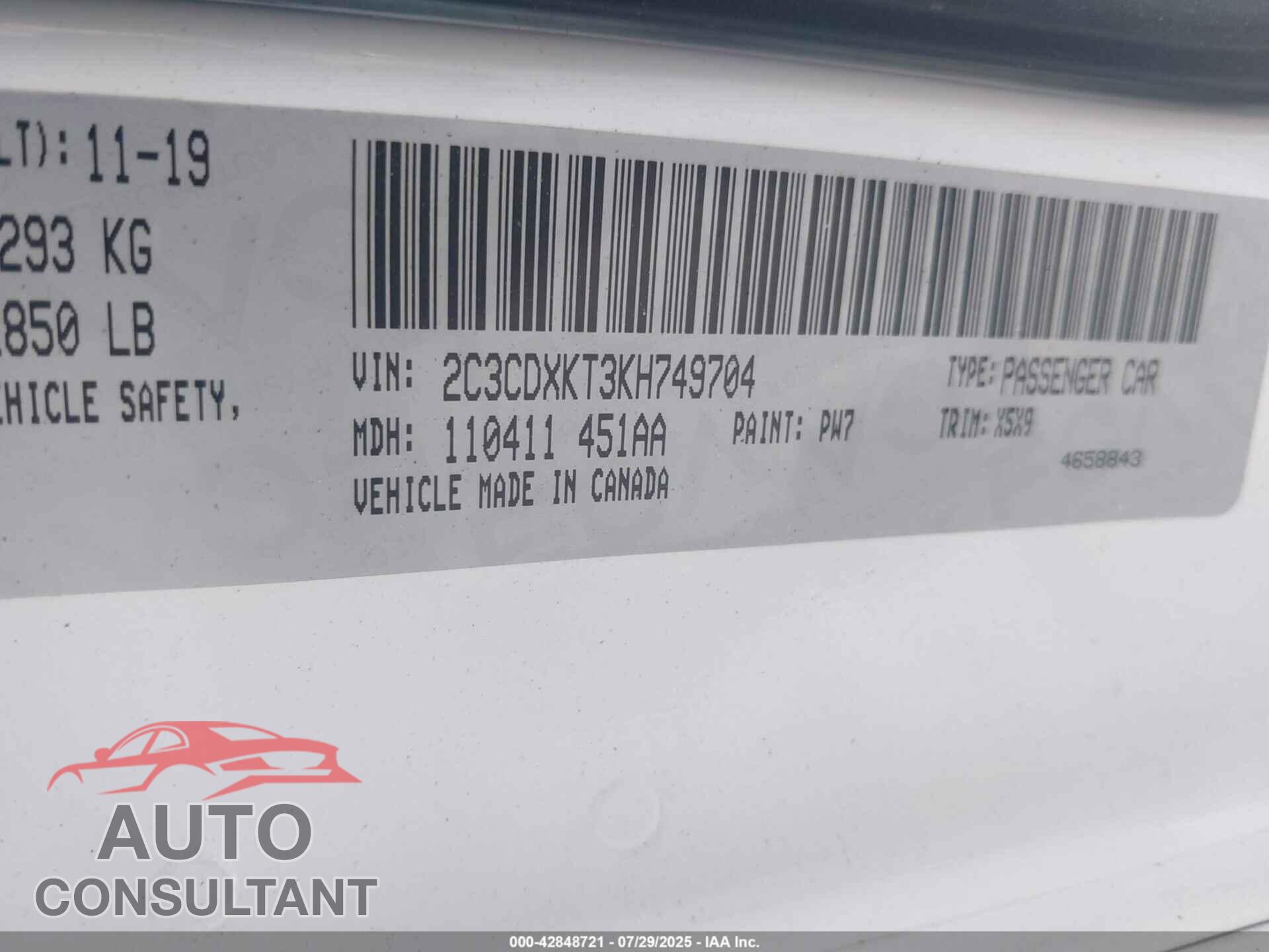 DODGE CHARGER 2019 - 2C3CDXKT3KH749704