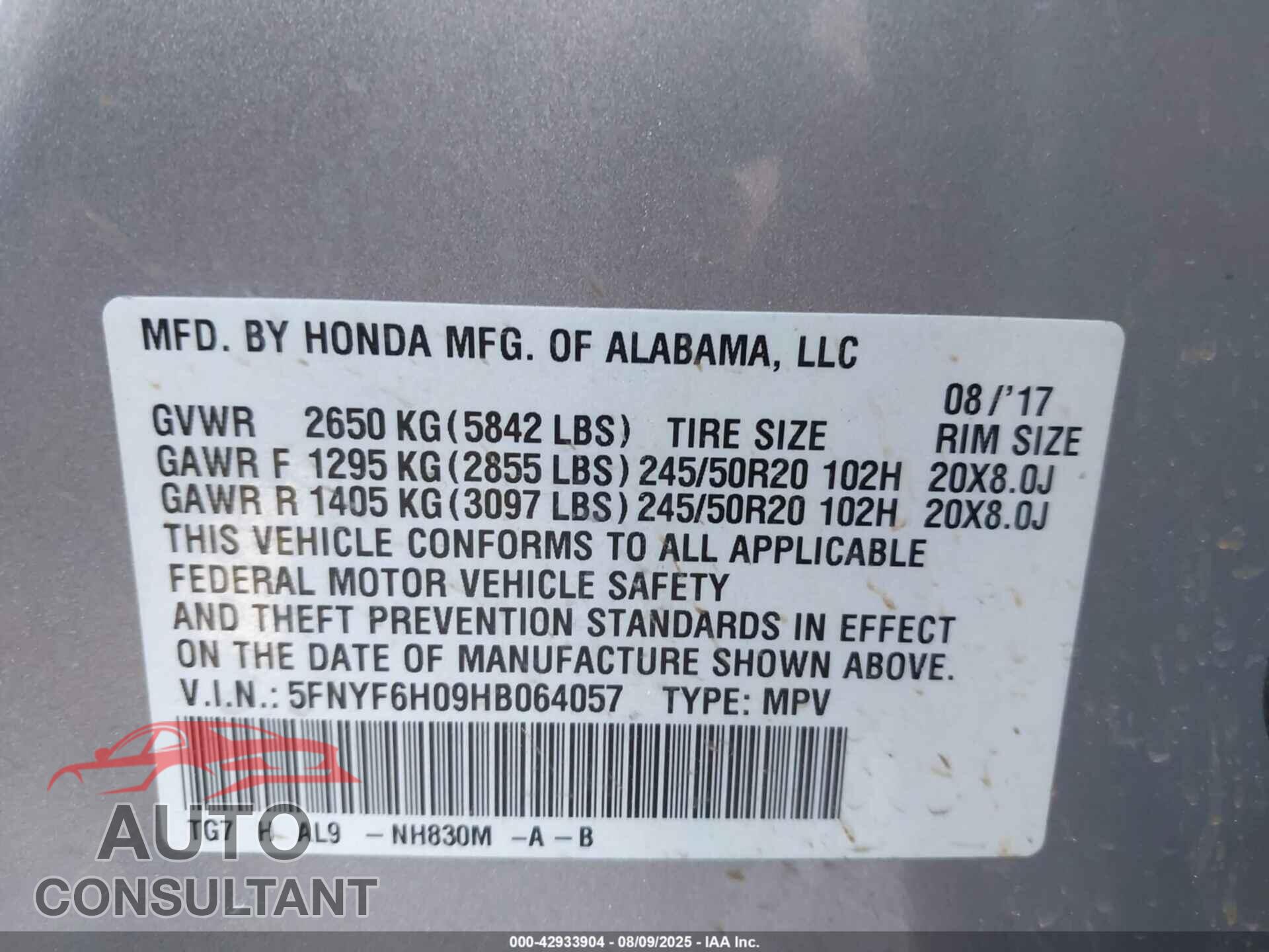 HONDA PILOT 2017 - 5FNYF6H09HB064057