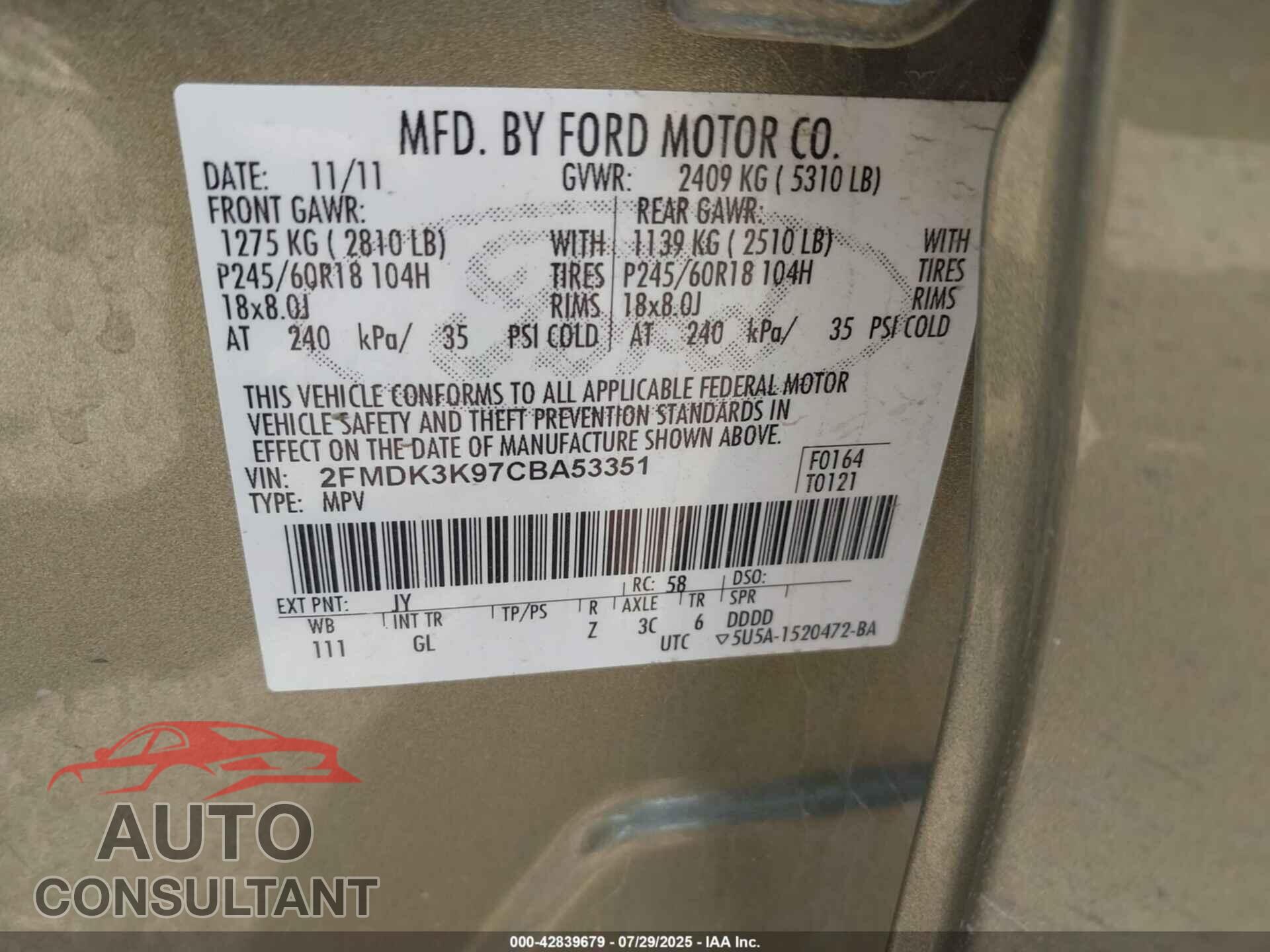 FORD EDGE 2012 - 2FMDK3K97CBA53351