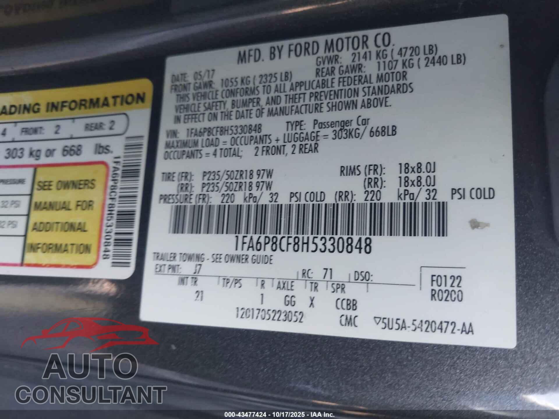 FORD MUSTANG 2017 - 1FA6P8CF8H5330848