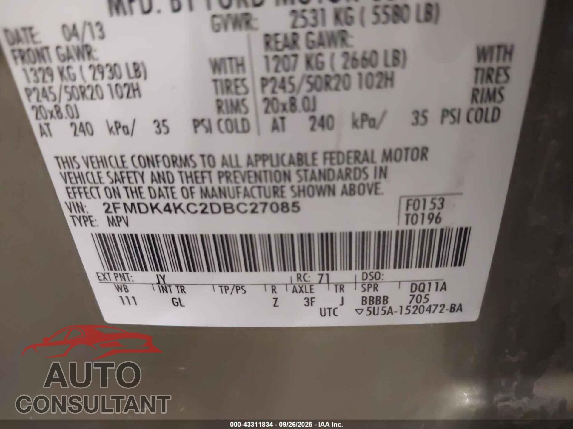 FORD EDGE 2013 - 2FMDK4KC2DBC27085