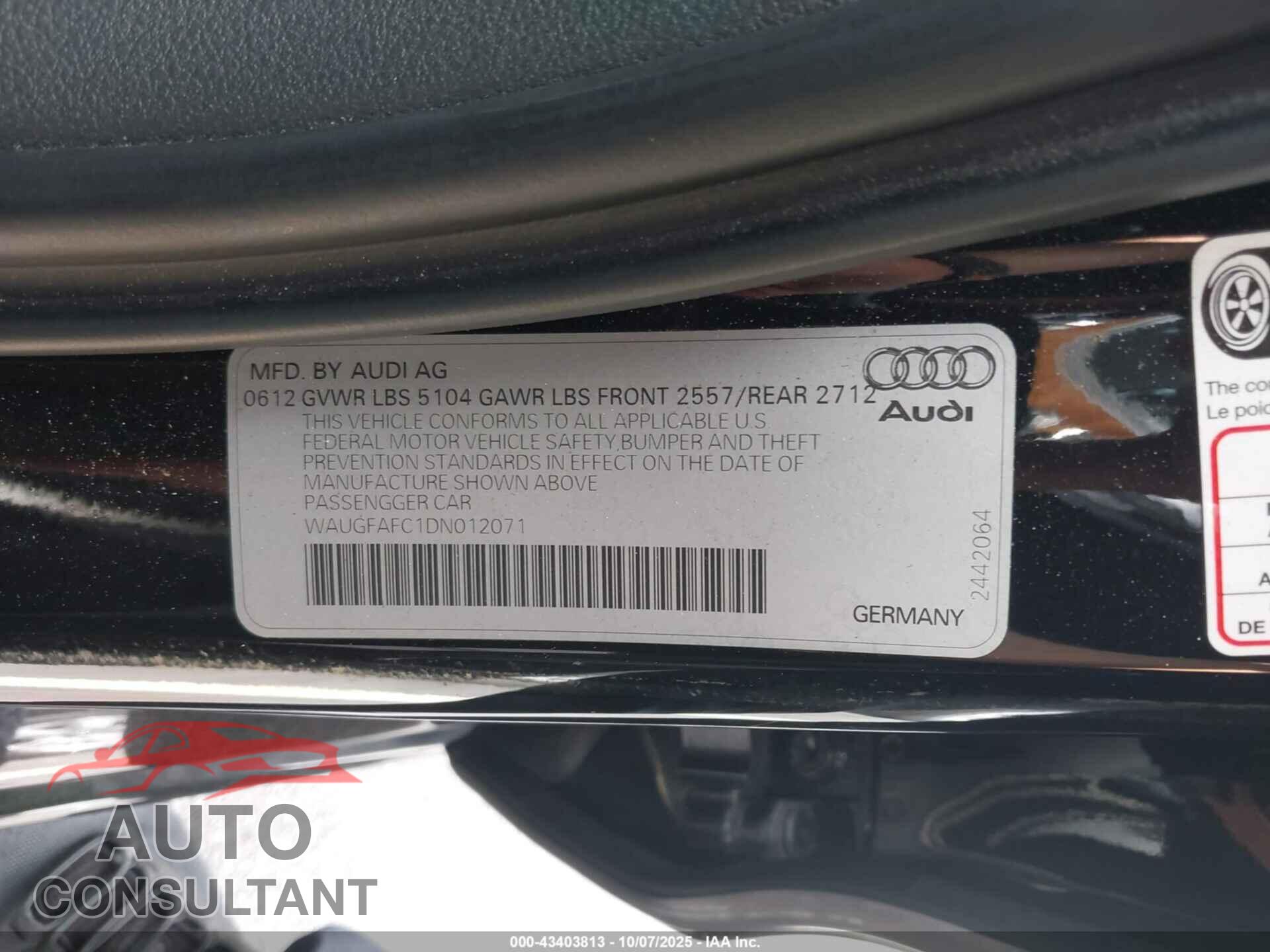 AUDI A6 2013 - WAUGFAFC1DN012071