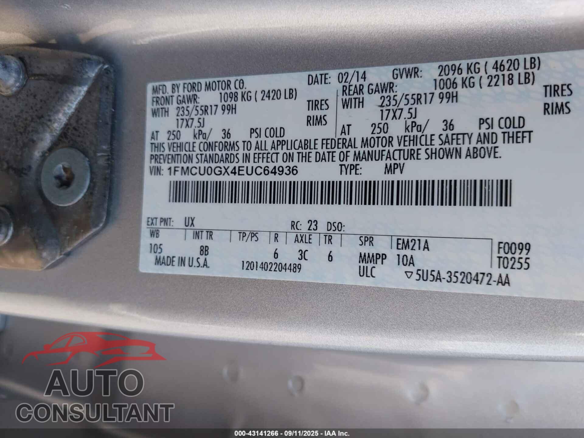 FORD ESCAPE 2014 - 1FMCU0GX4EUC64936