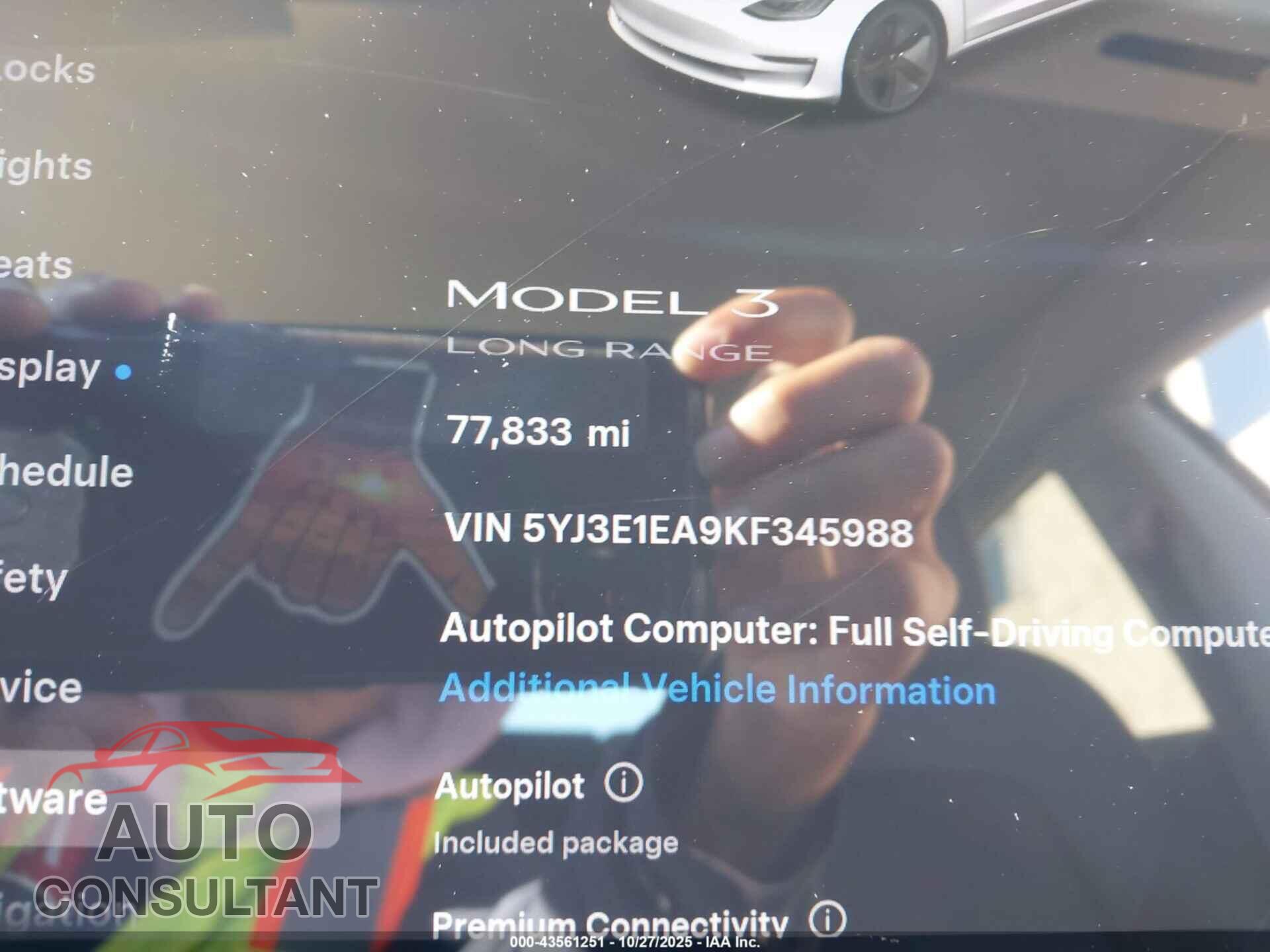 TESLA MODEL 3 2019 - 5YJ3E1EA9KF345988