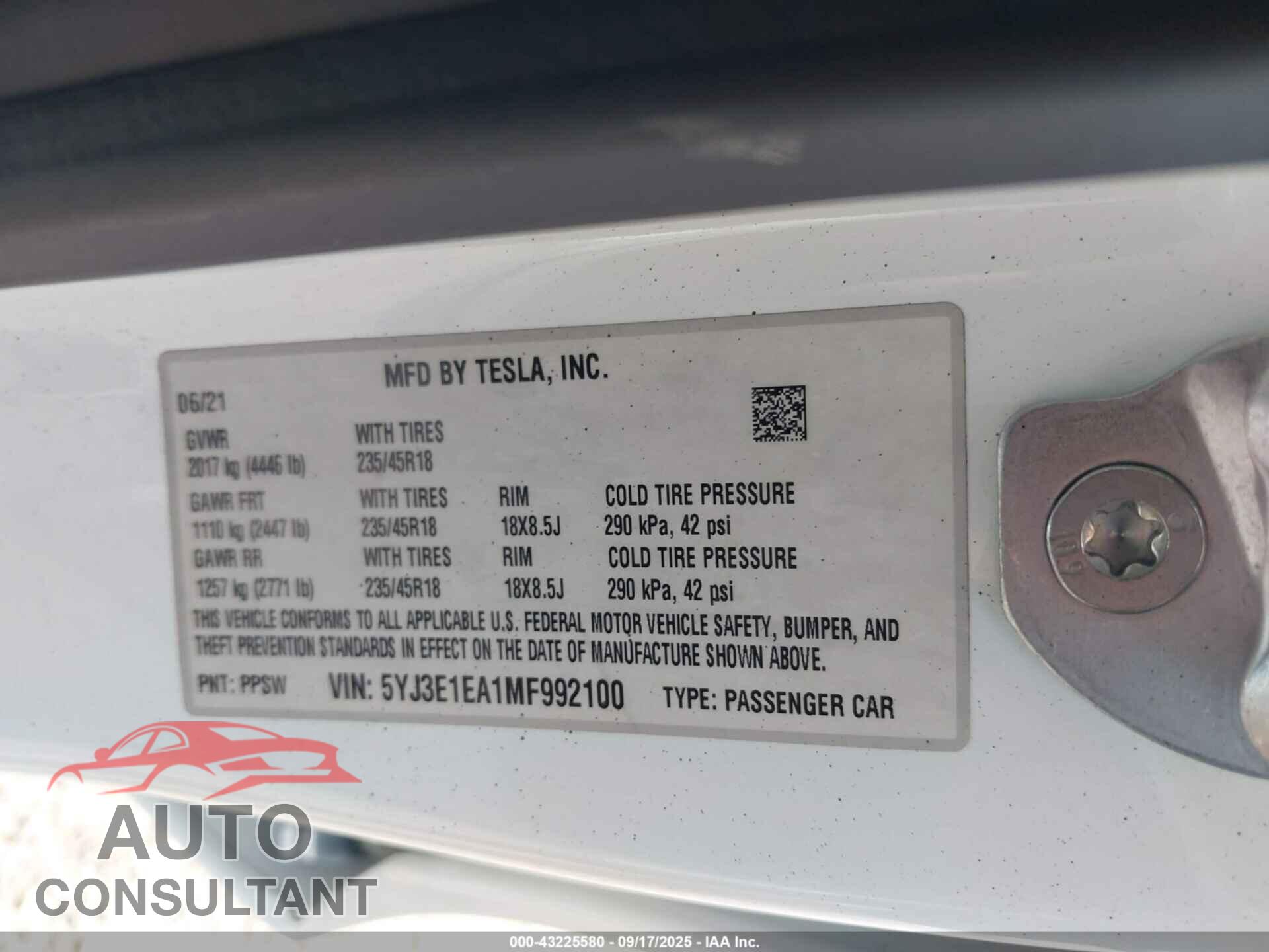 TESLA MODEL 3 2021 - 5YJ3E1EA1MF992100