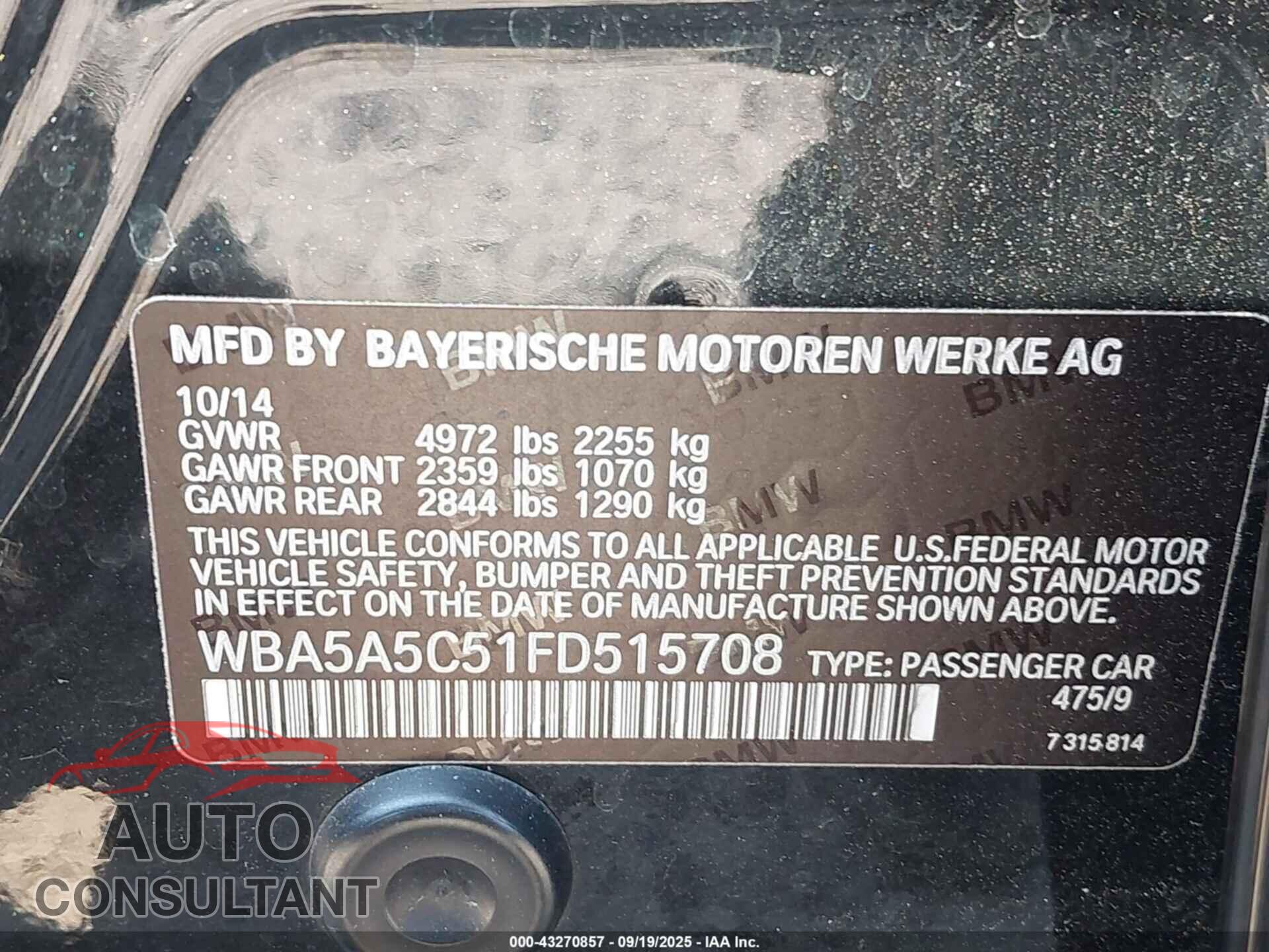 BMW 528I 2015 - WBA5A5C51FD515708