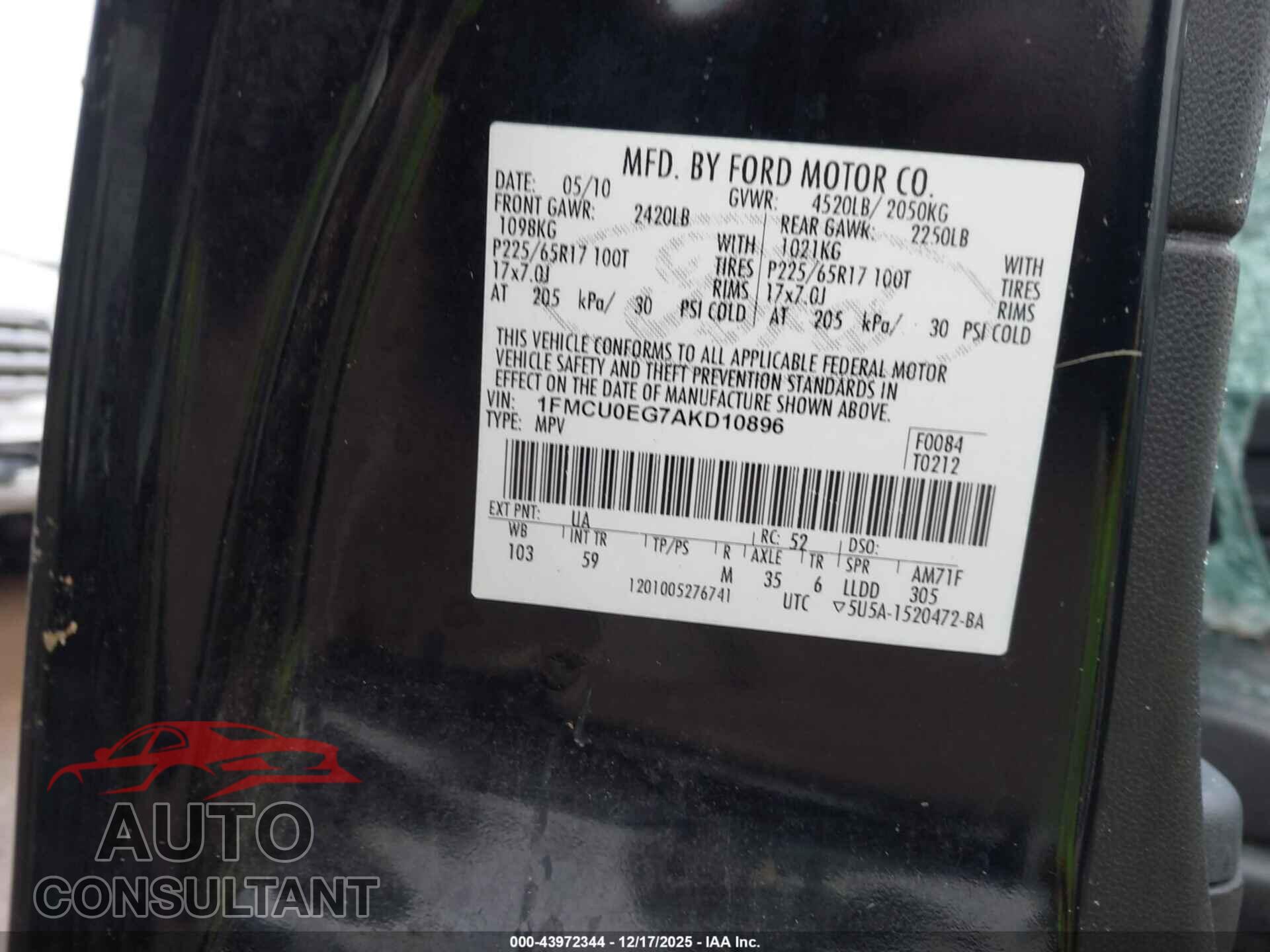 FORD ESCAPE 2010 - 1FMCU0EG7AKD10896