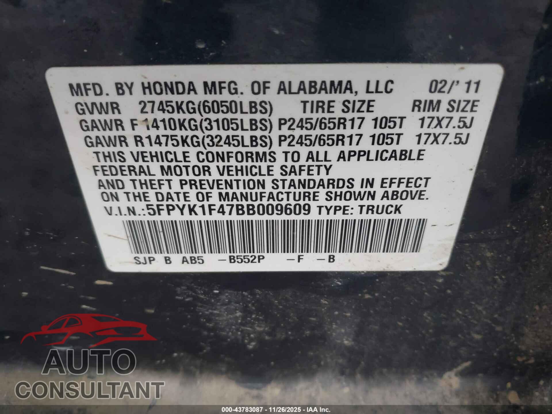 HONDA RIDGELINE 2011 - 5FPYK1F47BB009609